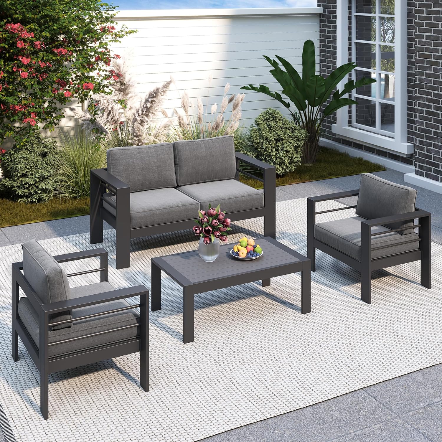 Solaste Aluminum Patio Furniture Set, 5 Seats Modern Outdoor Conversation Set Sectional Sofa with Upgrade Cushion and Coffee Table,Black Frame and Blue Cushion