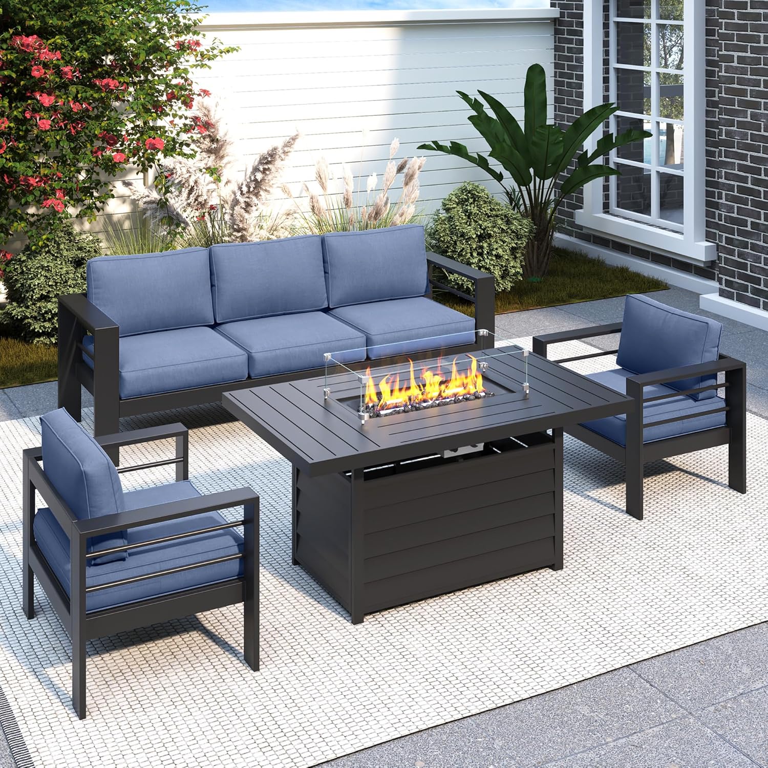 Solaste Aluminum Patio Furniture Set, 5 Seats Modern Outdoor Conversation Set Sectional Sofa with Upgrade Cushion and Coffee Table,Black Frame and Grey Cushion