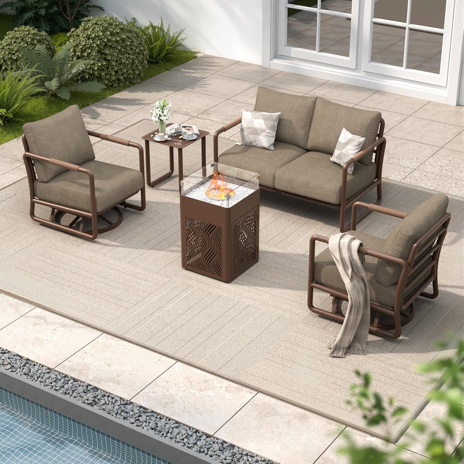 Aluminum Outdoor Patio Furniture Set, 6-Piece Conversation Sofa Set with Coffee Table, Thick Cushions & All-Weather Aluminum Frame, Modern Garden Seating for Backyard, Poolside, or Porch – Brown