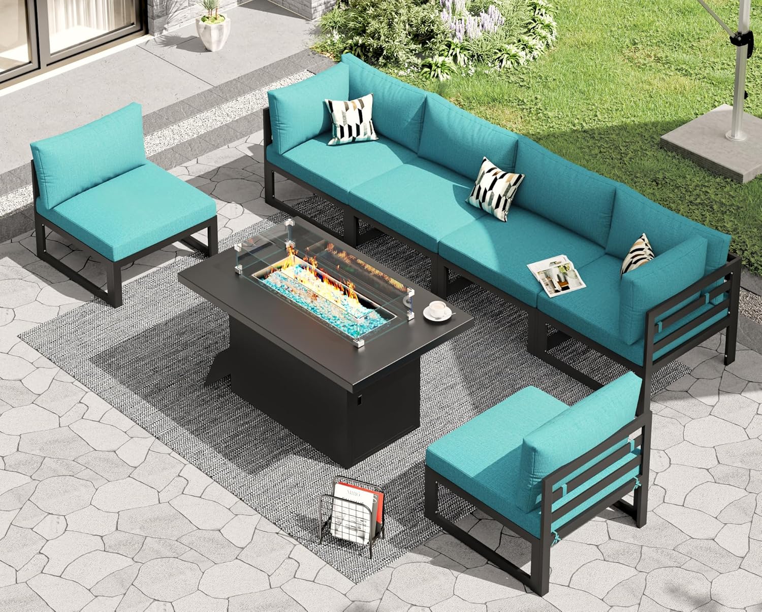 RADIATA 7 Piece Luxury Aluminum Outdoor Sectional Sofa with Fire Pit Table, Oversized L Shaped Patio Furniture Set, 29 inch Deep Wide Seating, 500 lbs Heavy Duty Comfy Conversation Set for Yard, White