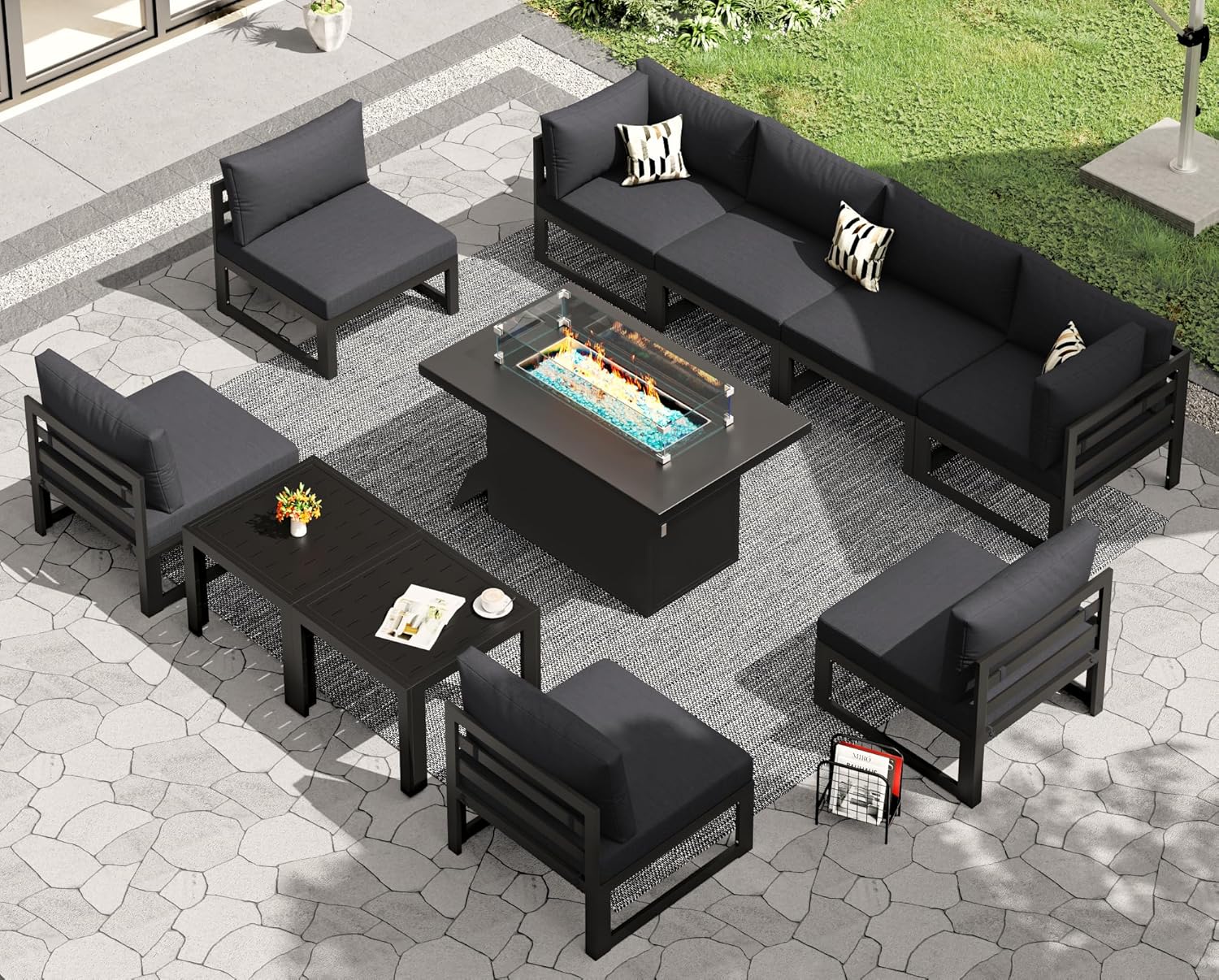 RADIATA 7 Piece Luxury Aluminum Outdoor Sectional Sofa with Fire Pit Table, Oversized L Shaped Patio Furniture Set, 29 inch Deep Wide Seating, 500 lbs Heavy Duty Comfy Conversation Set for Yard, White