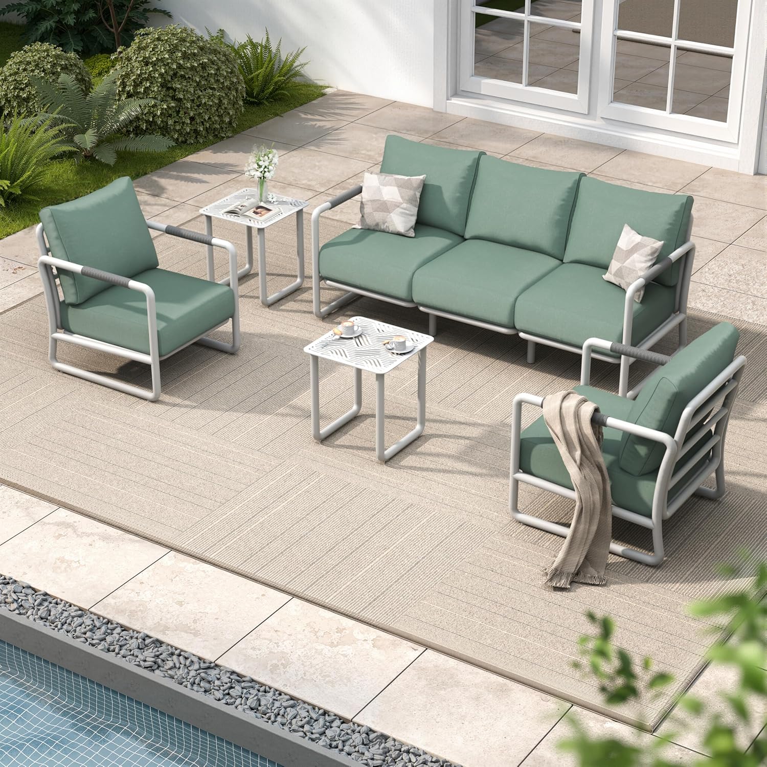 Aluminum Outdoor Patio Furniture Set, 6-Piece Conversation Sofa Set with Coffee Table, Thick Cushions & All-Weather Aluminum Frame, Modern Garden Seating for Backyard, Poolside, or Porch – Brown