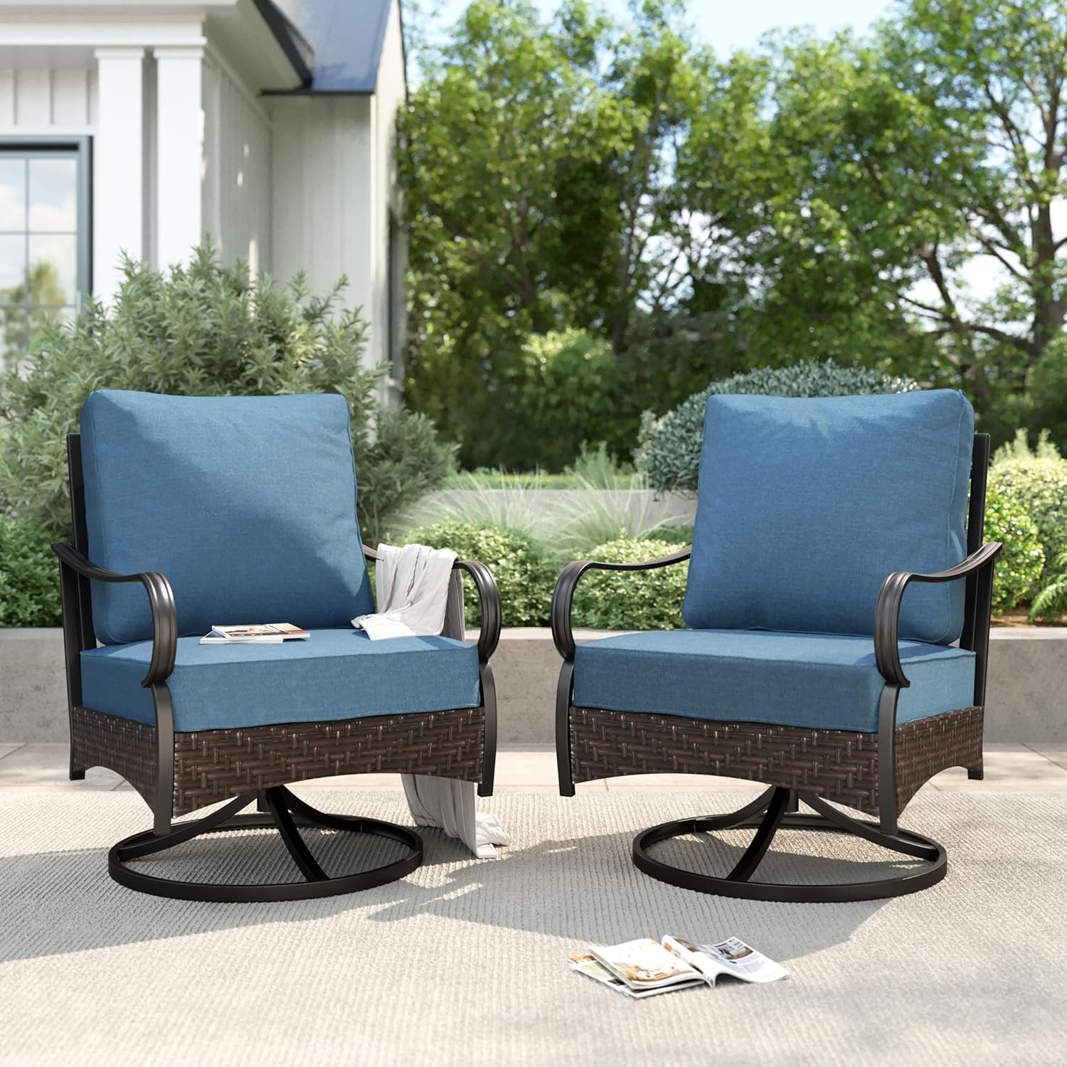 PHI VILLA Patio Rocking Chairs Set of 2, Outdoor Wicker Chairs with Thick Cushion, All Weather High Back Outdoor Furniture for Balcony Porch and Yard