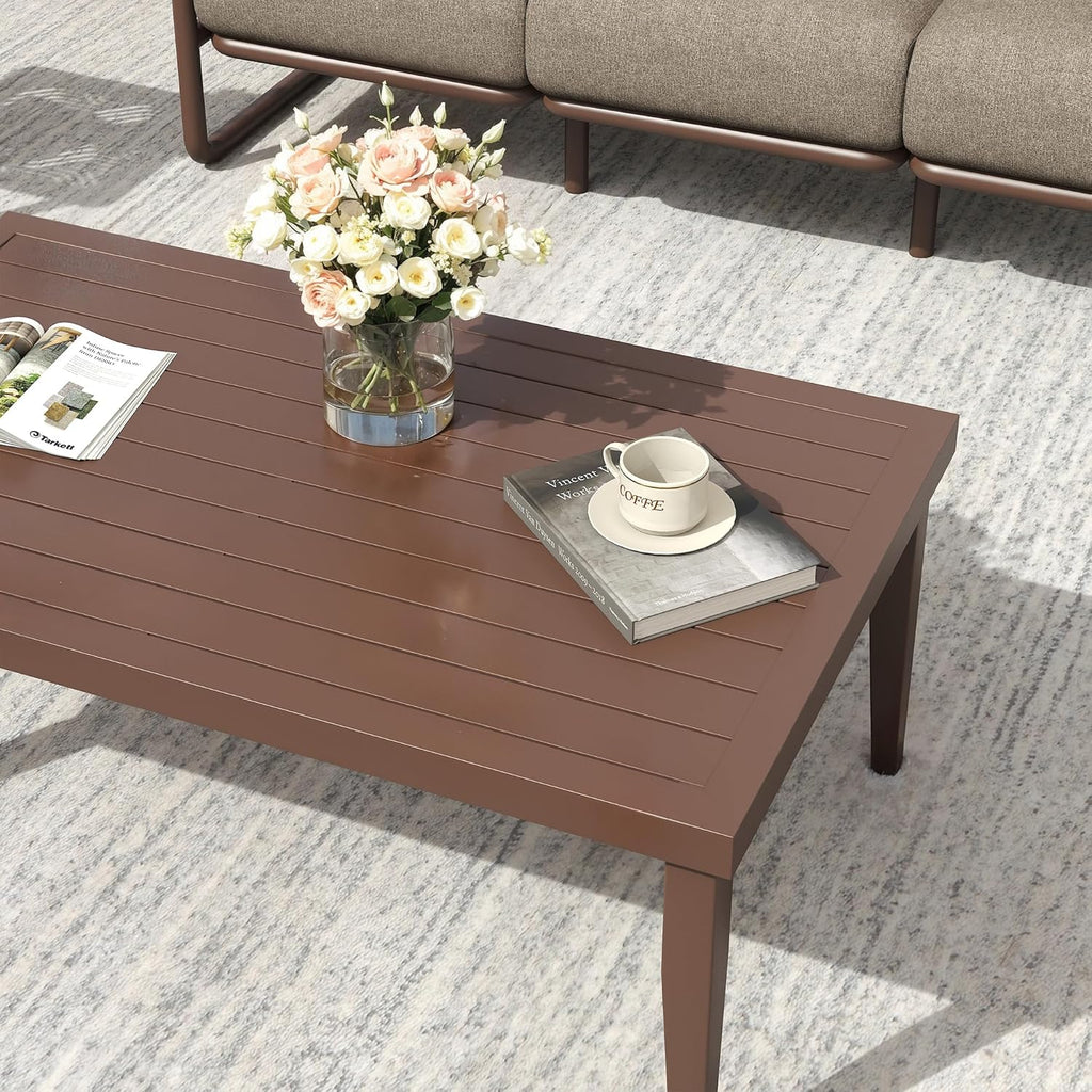 Aluminum Outdoor Patio Furniture Set, 6-Piece Conversation Sofa Set with Coffee Table, Thick Cushions & All-Weather Aluminum Frame, Modern Garden Seating for Backyard, Poolside, or Porch – Brown