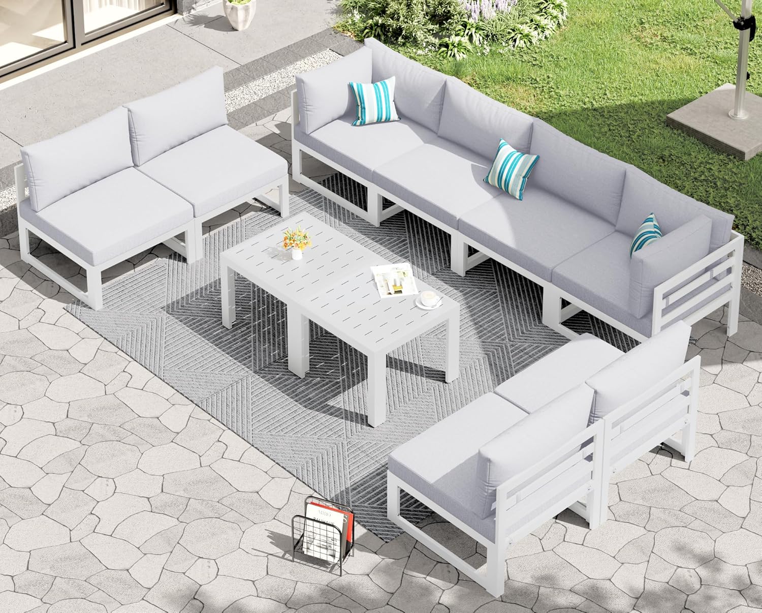 RADIATA 7 Piece Luxury Aluminum Outdoor Sectional Sofa with Fire Pit Table, Oversized L Shaped Patio Furniture Set, 29 inch Deep Wide Seating, 500 lbs Heavy Duty Comfy Conversation Set for Yard, White