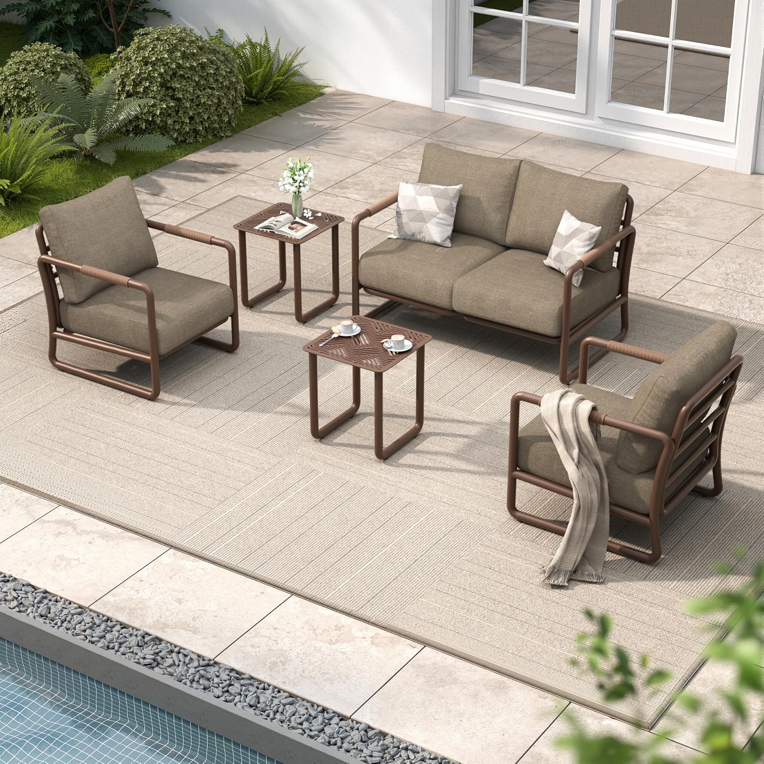 Aluminum Outdoor Patio Furniture Set, 6-Piece Conversation Sofa Set with Coffee Table, Thick Cushions & All-Weather Aluminum Frame, Modern Garden Seating for Backyard, Poolside, or Porch – Brown