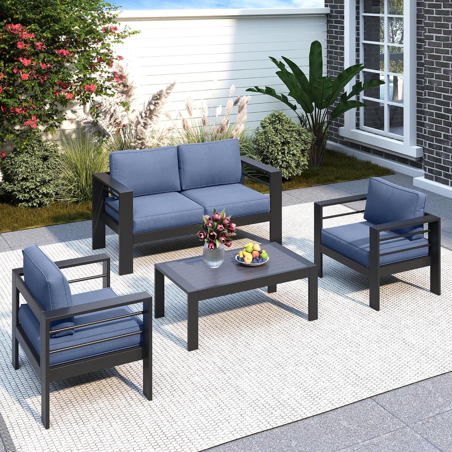 Solaste Aluminum Patio Furniture Set, 5 Seats Modern Outdoor Conversation Set Sectional Sofa with Upgrade Cushion and Coffee Table,Black Frame and Grey Cushion
