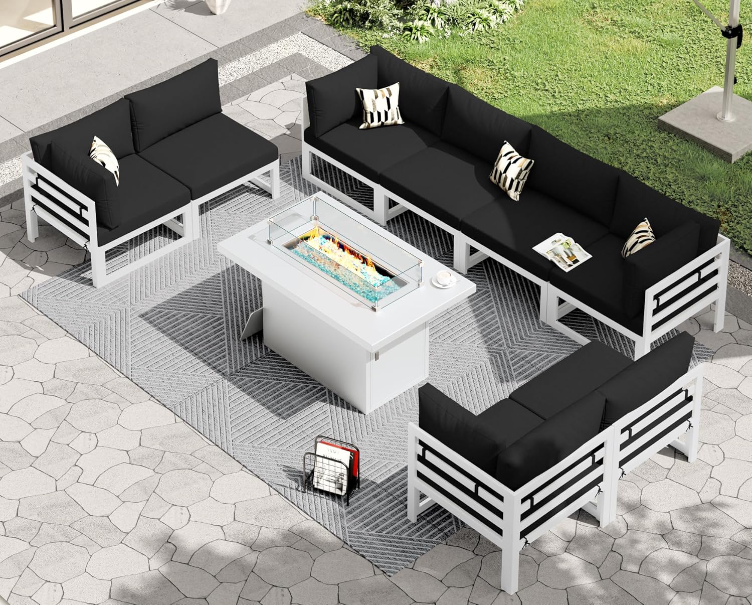 RADIATA 7 Piece Luxury Aluminum Outdoor Sectional Sofa with Fire Pit Table, Oversized L Shaped Patio Furniture Set, 29 inch Deep Wide Seating, 500 lbs Heavy Duty Comfy Conversation Set for Yard, White