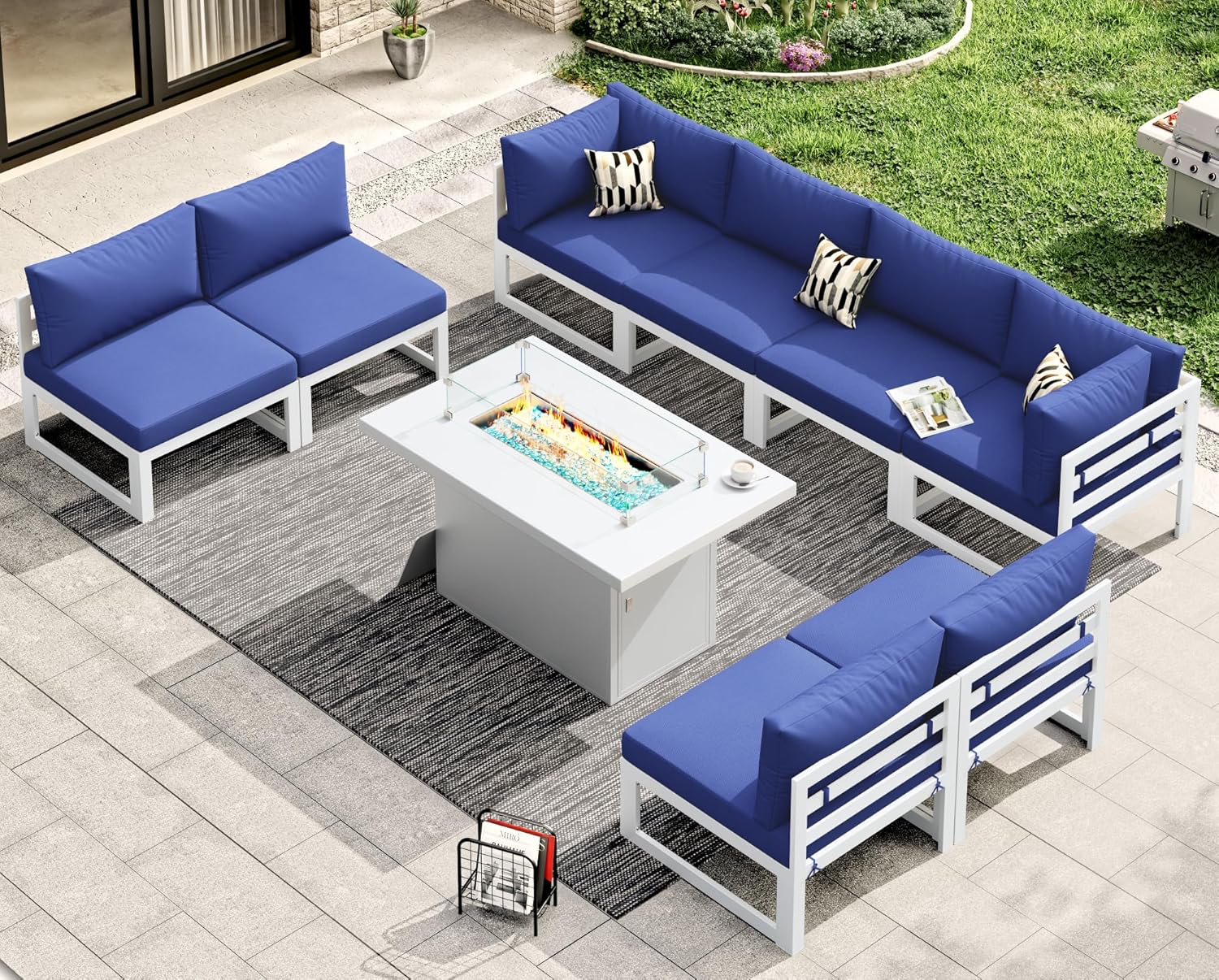 RADIATA 7 Piece Luxury Aluminum Outdoor Sectional Sofa with Fire Pit Table, Oversized L Shaped Patio Furniture Set, 29 inch Deep Wide Seating, 500 lbs Heavy Duty Comfy Conversation Set for Yard, White