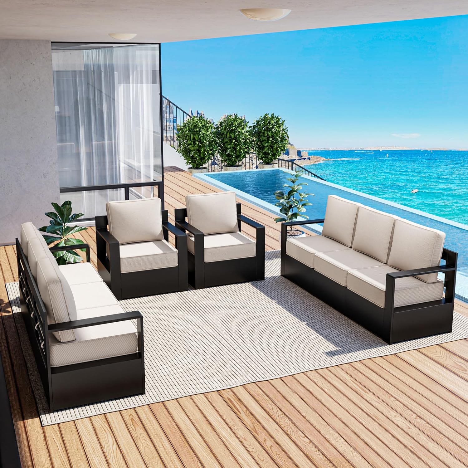 Outdoor Patio Furniture Aluminum Patio Chairs, All-Weather Metal Outdoor Chair with 6 Inch Thick Cushions, Deep Setting for Garden, Outside and Porch, Beige