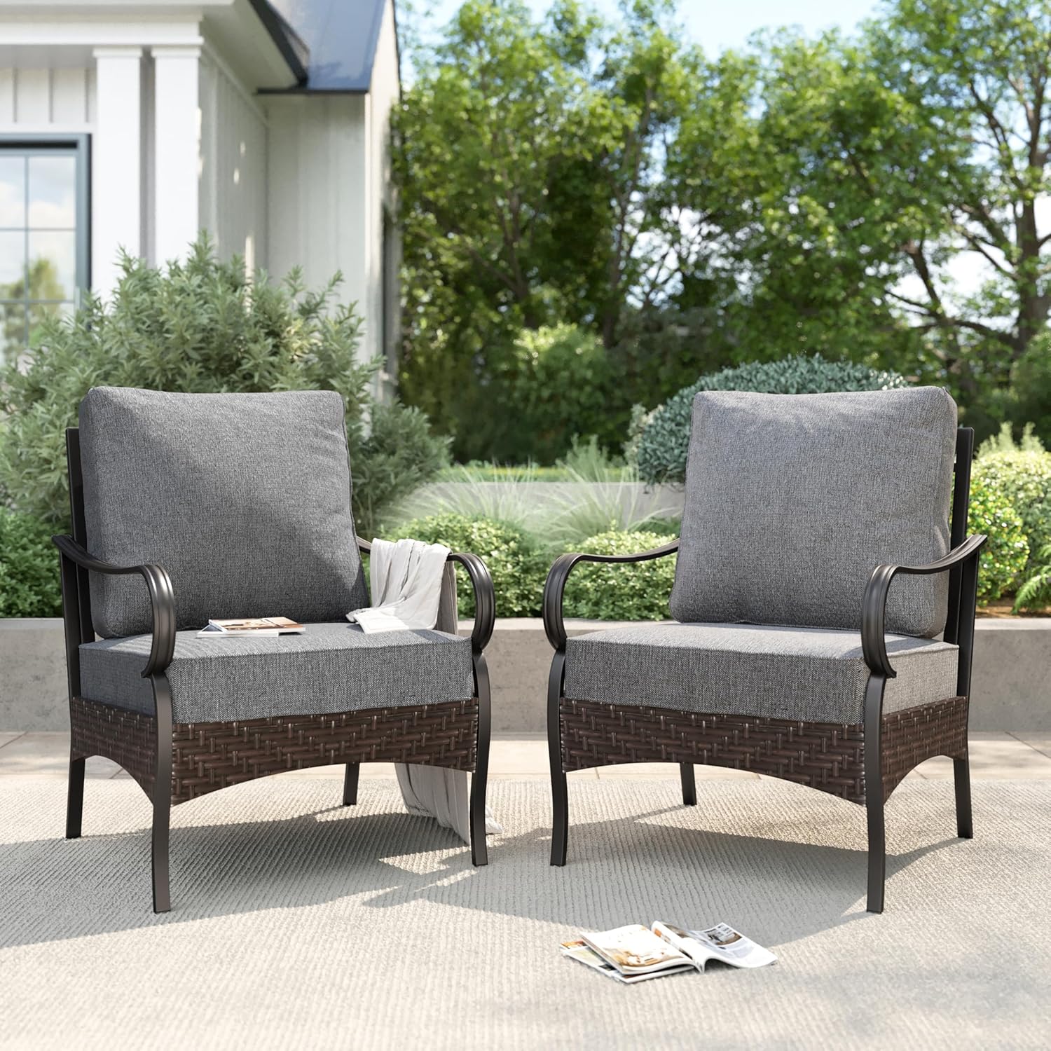 PHI VILLA Patio Rocking Chairs Set of 2, Outdoor Wicker Chairs with Thick Cushion, All Weather High Back Outdoor Furniture for Balcony Porch and Yard
