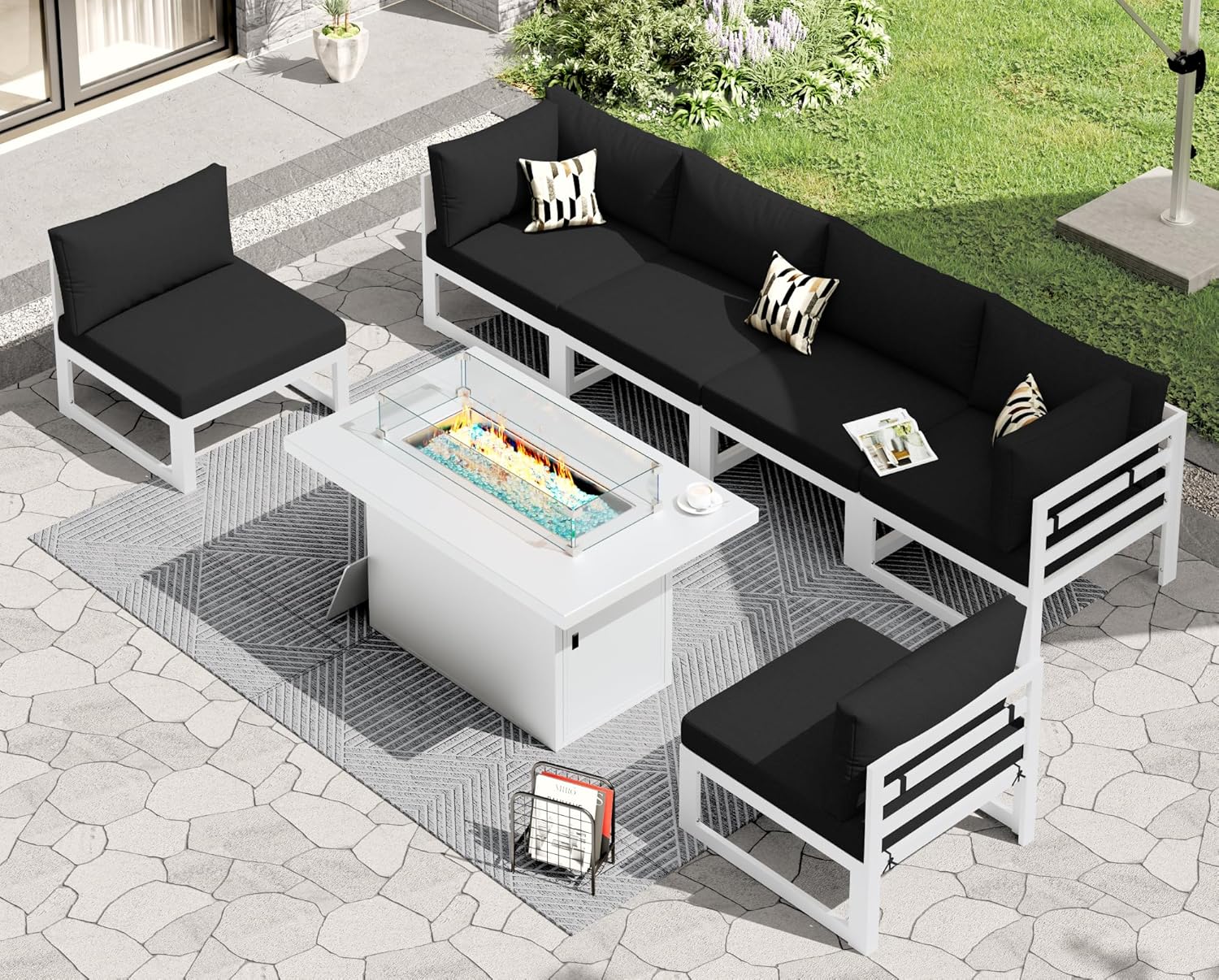 RADIATA 7 Piece Luxury Aluminum Outdoor Sectional Sofa with Fire Pit Table, Oversized L Shaped Patio Furniture Set, 29 inch Deep Wide Seating, 500 lbs Heavy Duty Comfy Conversation Set for Yard, White