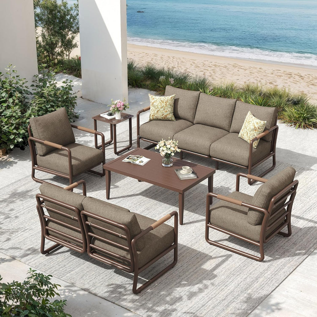 Aluminum Outdoor Patio Furniture Set, 6-Piece Conversation Sofa Set with Coffee Table, Thick Cushions & All-Weather Aluminum Frame, Modern Garden Seating for Backyard, Poolside, or Porch – Brown