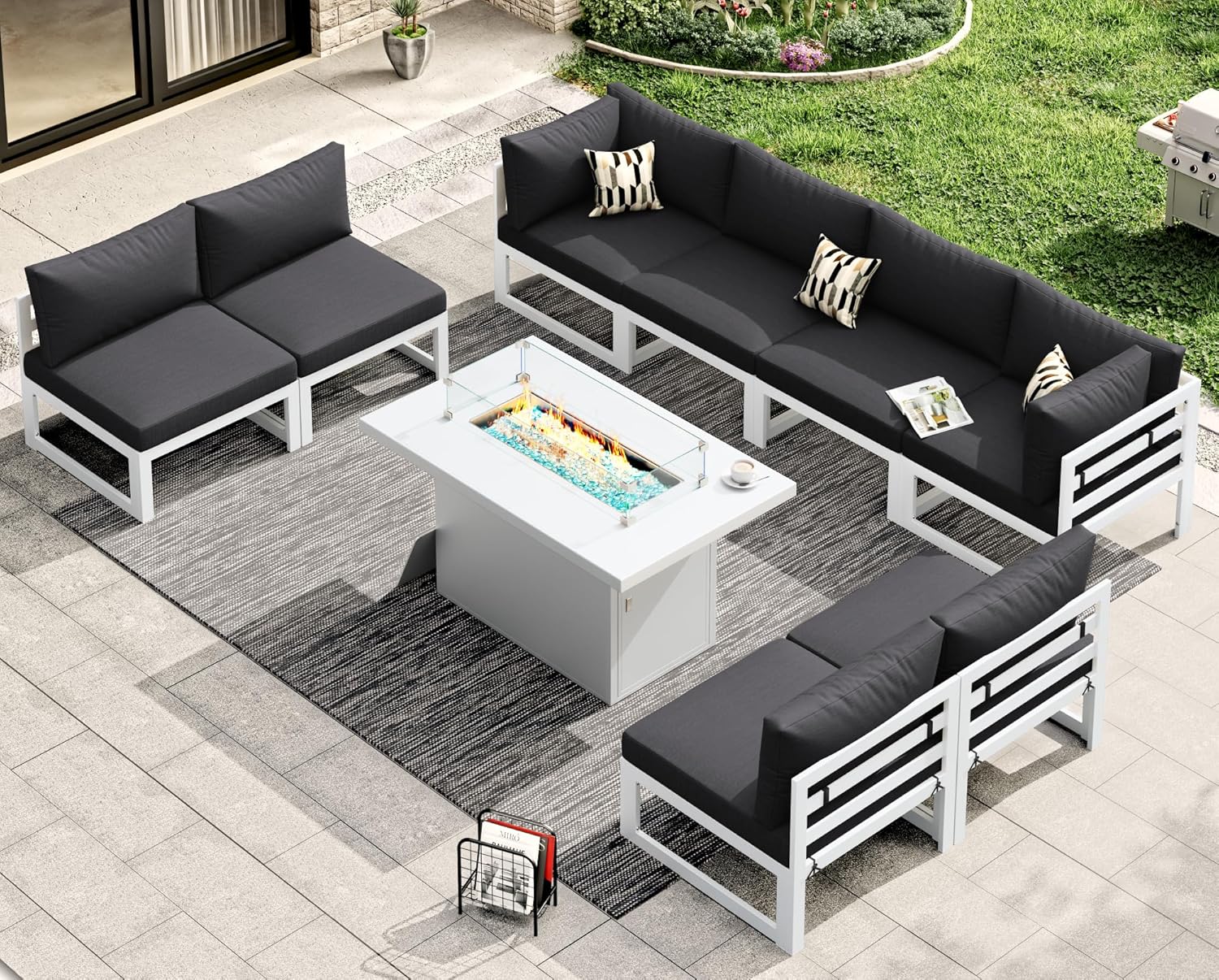RADIATA 7 Piece Luxury Aluminum Outdoor Sectional Sofa with Fire Pit Table, Oversized L Shaped Patio Furniture Set, 29 inch Deep Wide Seating, 500 lbs Heavy Duty Comfy Conversation Set for Yard, White