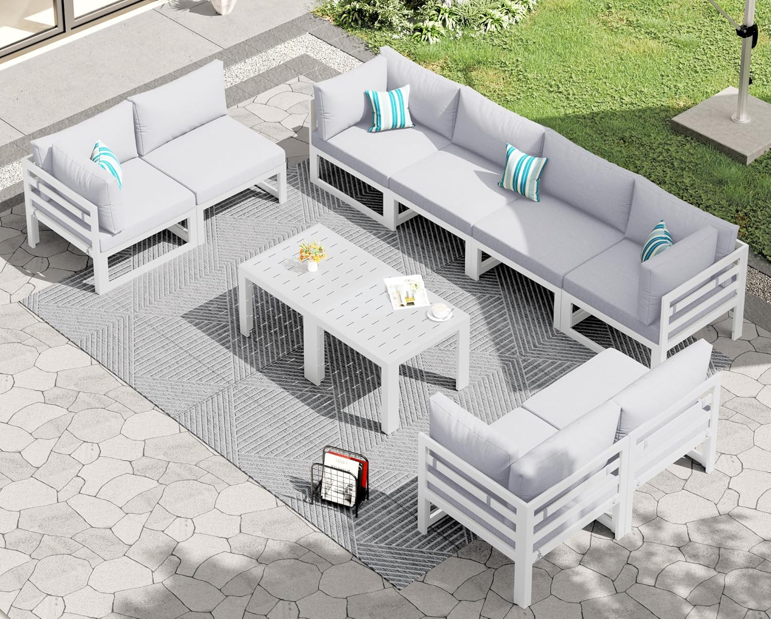 RADIATA 7 Piece Luxury Aluminum Outdoor Sectional Sofa with Fire Pit Table, Oversized L Shaped Patio Furniture Set, 29 inch Deep Wide Seating, 500 lbs Heavy Duty Comfy Conversation Set for Yard, White