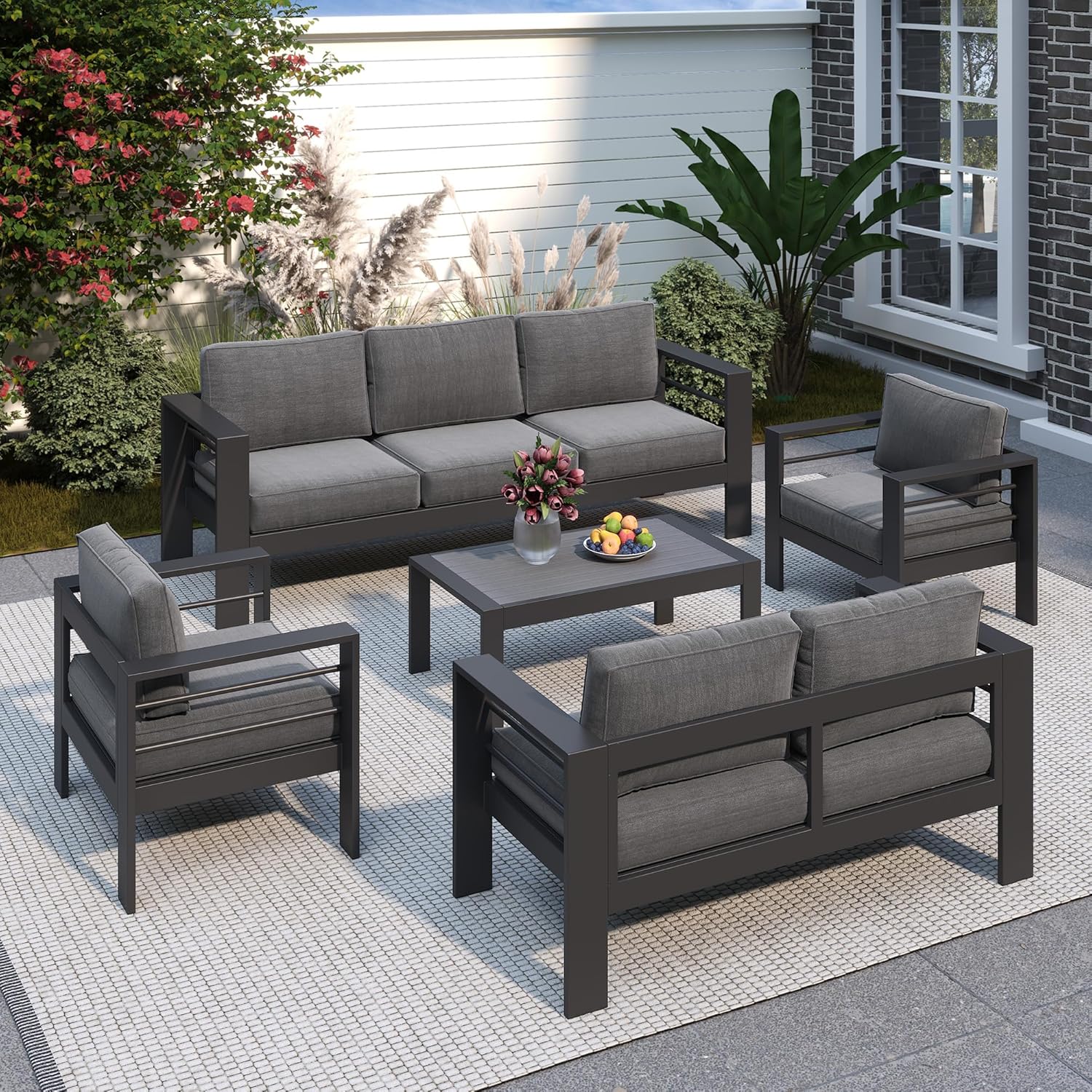 Solaste Aluminum Patio Furniture Set, 5 Seats Modern Outdoor Conversation Set Sectional Sofa with Upgrade Cushion and Coffee Table,Black Frame and Blue Cushion