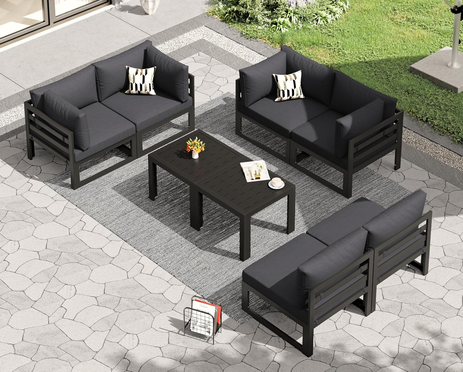 RADIATA 7 Piece Luxury Aluminum Outdoor Sectional Sofa with Fire Pit Table, Oversized L Shaped Patio Furniture Set, 29 inch Deep Wide Seating, 500 lbs Heavy Duty Comfy Conversation Set for Yard, White