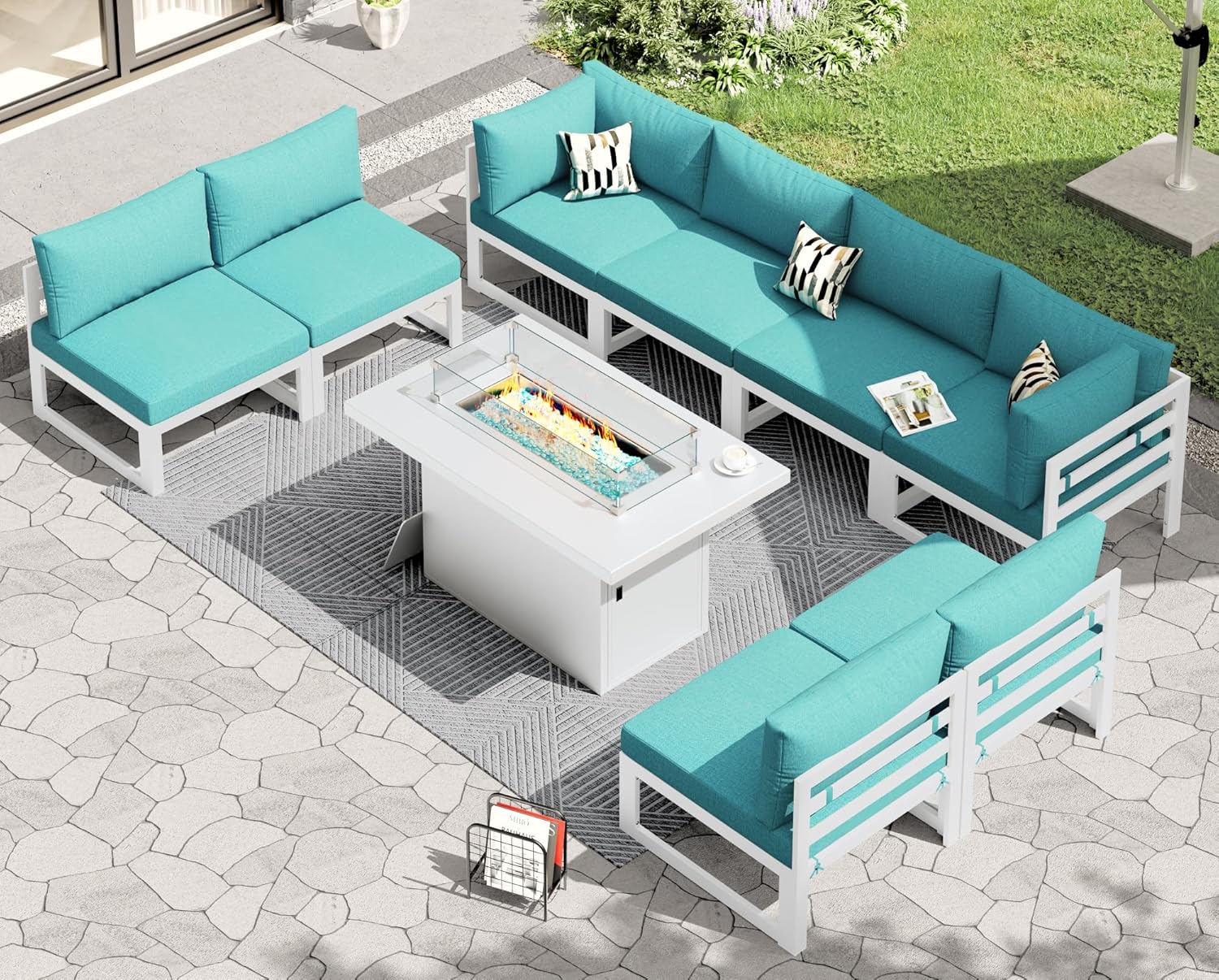 RADIATA 7 Piece Luxury Aluminum Outdoor Sectional Sofa with Fire Pit Table, Oversized L Shaped Patio Furniture Set, 29 inch Deep Wide Seating, 500 lbs Heavy Duty Comfy Conversation Set for Yard, White