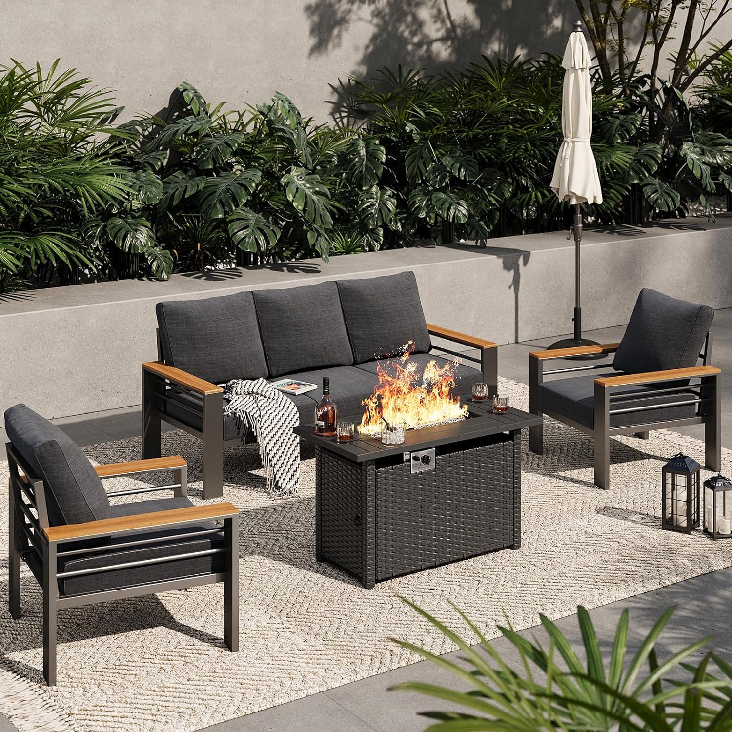 Aoxun Aluminum Outdoor Patio Furniture Set, 5 Seats Outdoor Sectional with Coffee Table, Patio Conversation Sets with Upgraded Armrests and Cushions for Backyard, Garden and Poolside