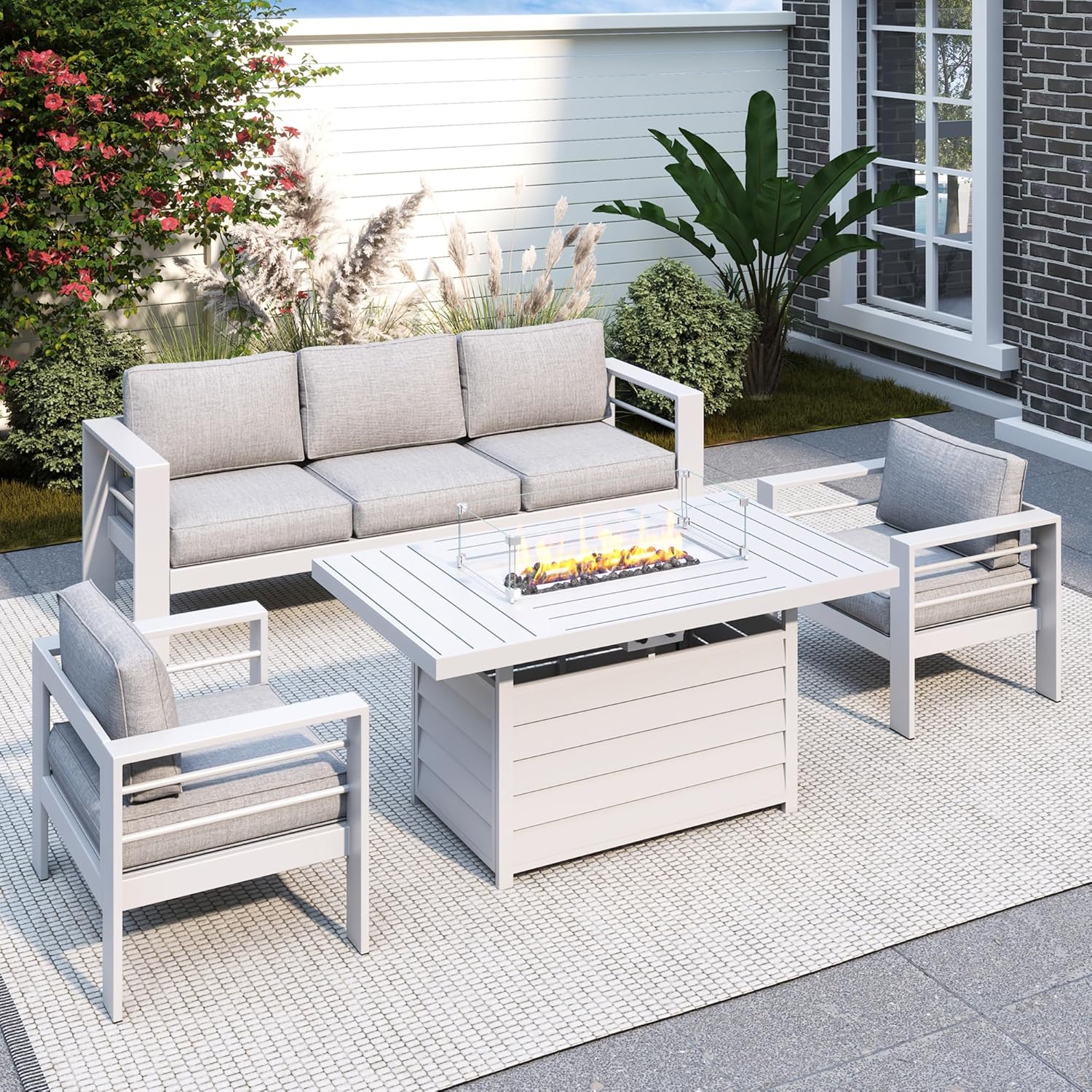 Solaste Aluminum Patio Furniture Set, 5 Seats Modern Outdoor Conversation Set Sectional Sofa with Upgrade Cushion and Coffee Table,Black Frame and Grey Cushion
