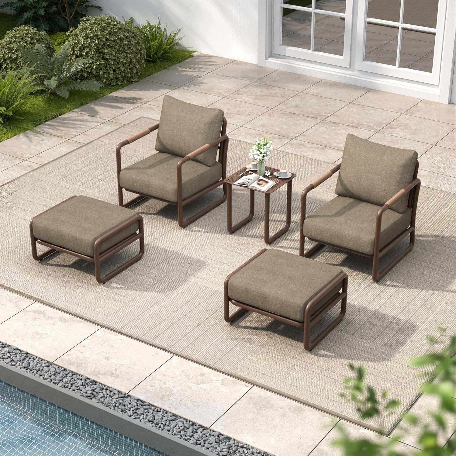 Aluminum Outdoor Patio Furniture Set, 6-Piece Conversation Sofa Set with Coffee Table, Thick Cushions & All-Weather Aluminum Frame, Modern Garden Seating for Backyard, Poolside, or Porch – Brown