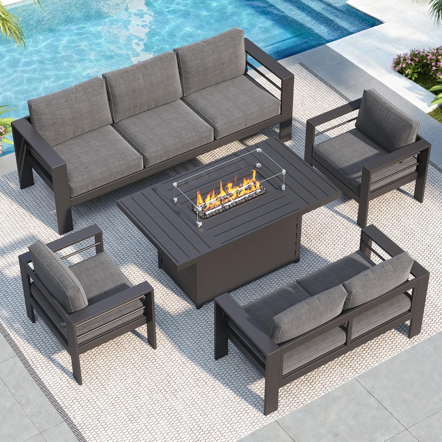 Solaste Aluminum Patio Furniture Set, 5 Seats Modern Outdoor Conversation Set Sectional Sofa with Upgrade Cushion and Coffee Table,Black Frame and Blue Cushion