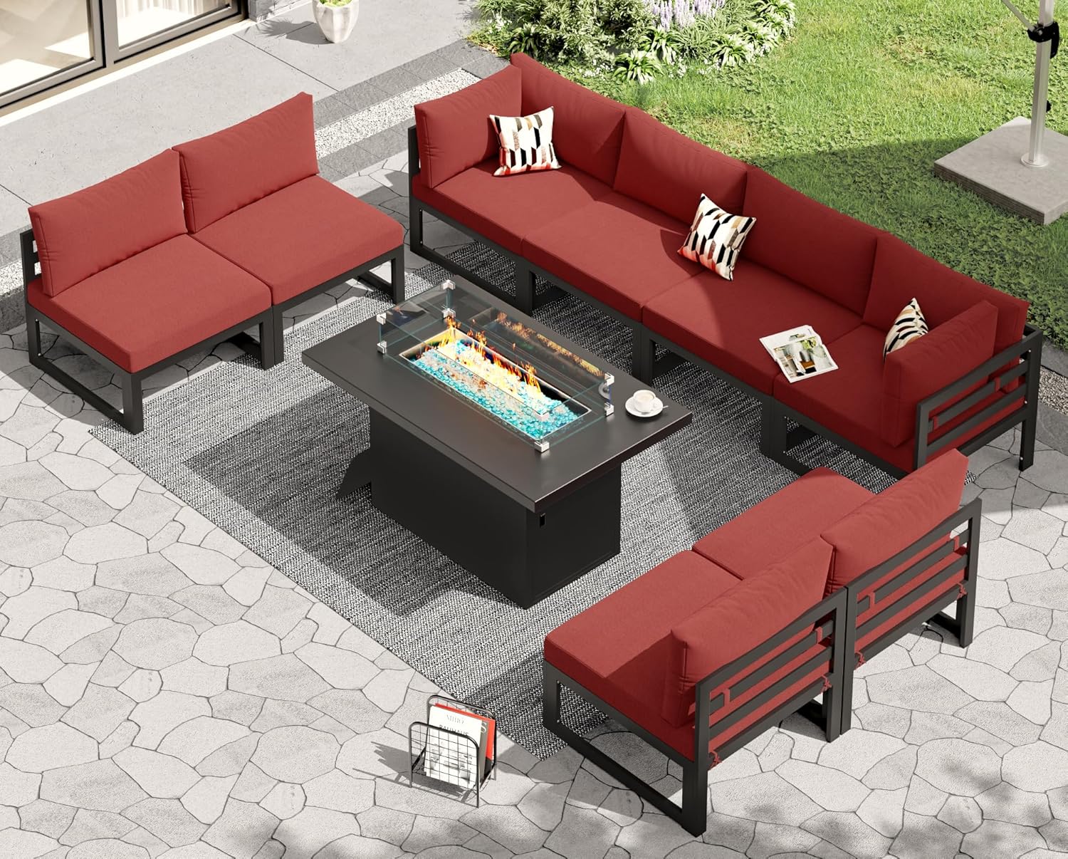 RADIATA 7 Piece Luxury Aluminum Outdoor Sectional Sofa with Fire Pit Table, Oversized L Shaped Patio Furniture Set, 29 inch Deep Wide Seating, 500 lbs Heavy Duty Comfy Conversation Set for Yard, White