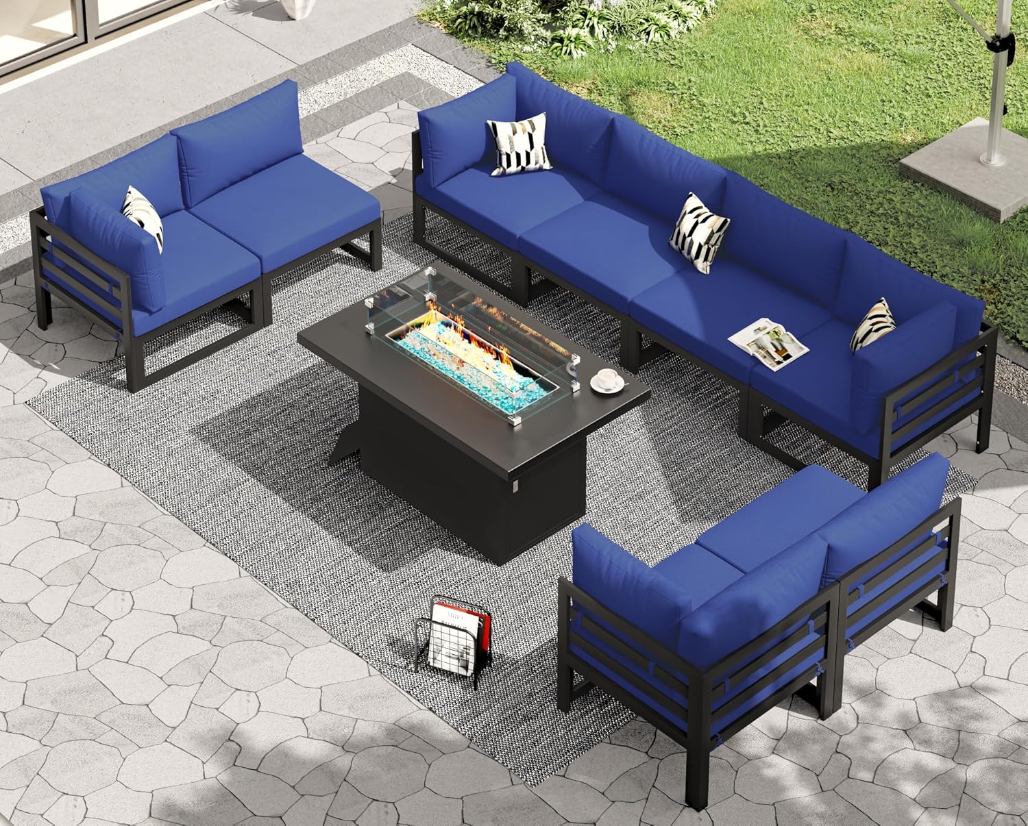 RADIATA 7 Piece Luxury Aluminum Outdoor Sectional Sofa with Fire Pit Table, Oversized L Shaped Patio Furniture Set, 29 inch Deep Wide Seating, 500 lbs Heavy Duty Comfy Conversation Set for Yard, White