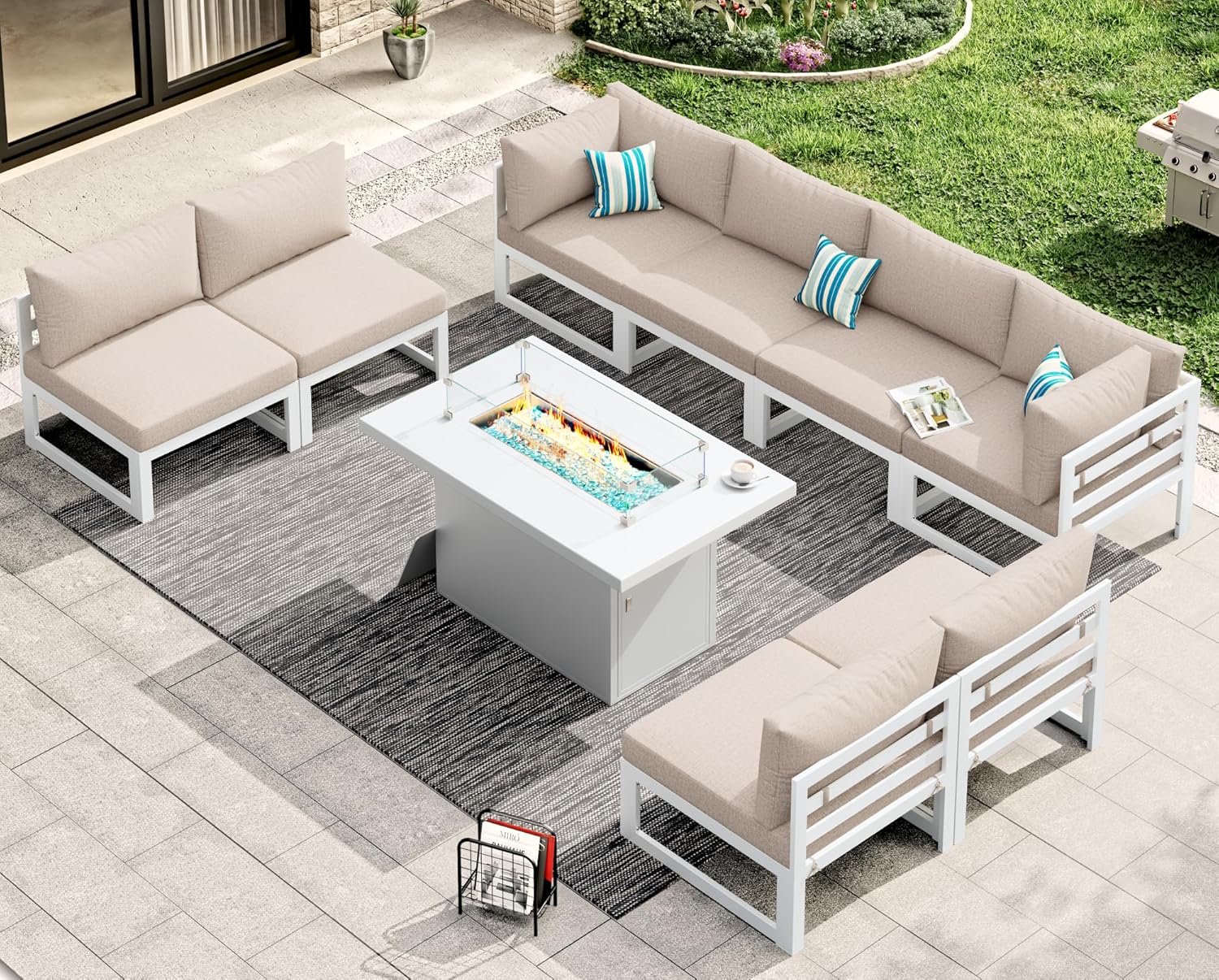 RADIATA 7 Piece Luxury Aluminum Outdoor Sectional Sofa with Fire Pit Table, Oversized L Shaped Patio Furniture Set, 29 inch Deep Wide Seating, 500 lbs Heavy Duty Comfy Conversation Set for Yard, White