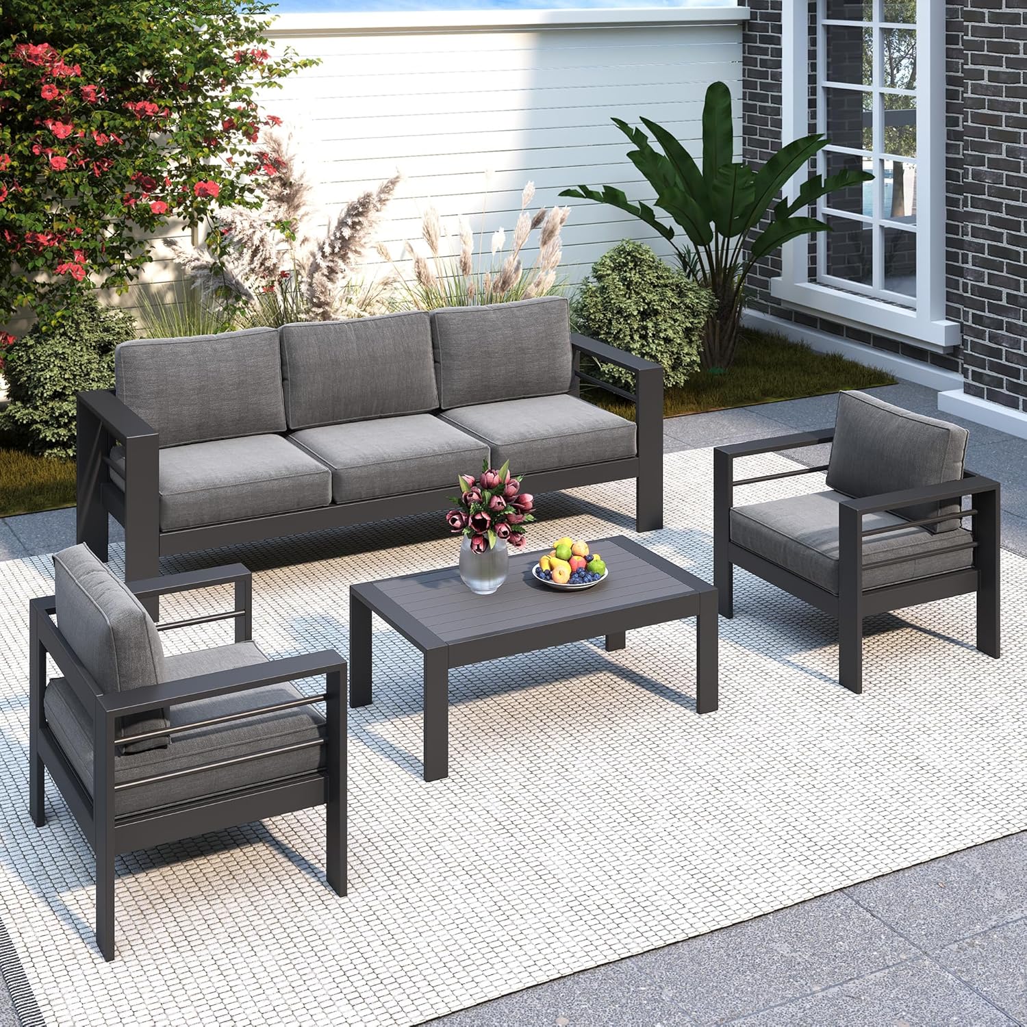 Solaste Aluminum Patio Furniture Set, 5 Seats Modern Outdoor Conversation Set Sectional Sofa with Upgrade Cushion and Coffee Table,Black Frame and Blue Cushion