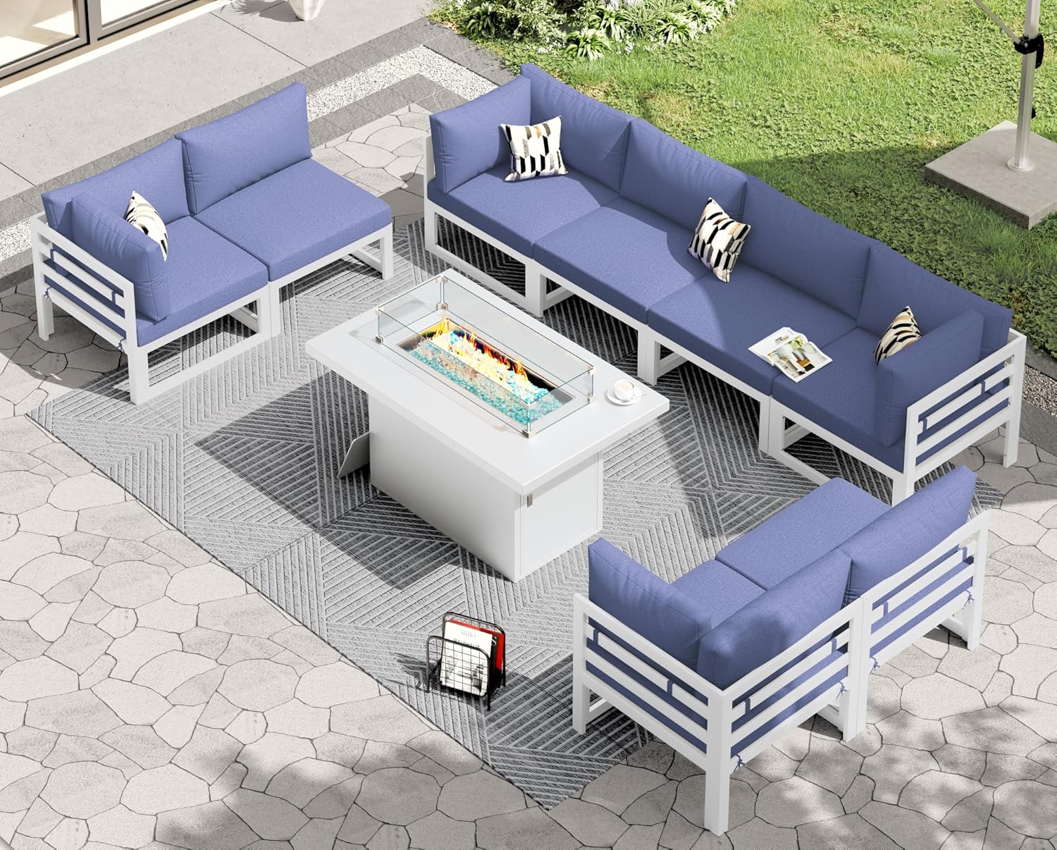 RADIATA 7 Piece Luxury Aluminum Outdoor Sectional Sofa with Fire Pit Table, Oversized L Shaped Patio Furniture Set, 29 inch Deep Wide Seating, 500 lbs Heavy Duty Comfy Conversation Set for Yard, White