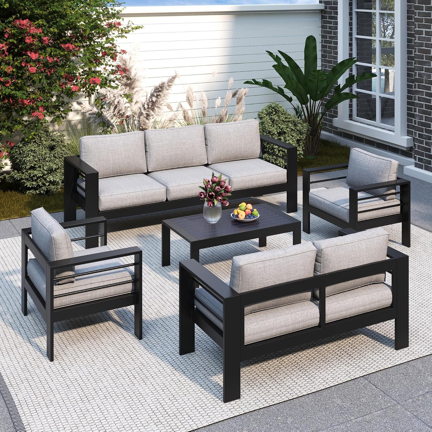 Solaste Aluminum Patio Furniture Set, 5 Seats Modern Outdoor Conversation Set Sectional Sofa with Upgrade Cushion and Coffee Table,Black Frame and Grey Cushion