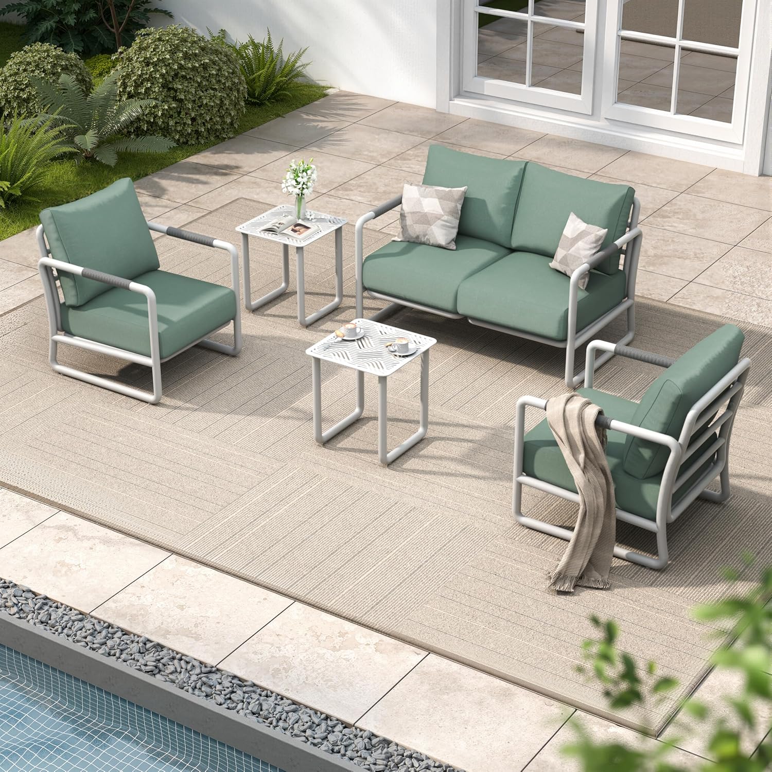 Aluminum Outdoor Patio Furniture Set, 6-Piece Conversation Sofa Set with Coffee Table, Thick Cushions & All-Weather Aluminum Frame, Modern Garden Seating for Backyard, Poolside, or Porch – Brown