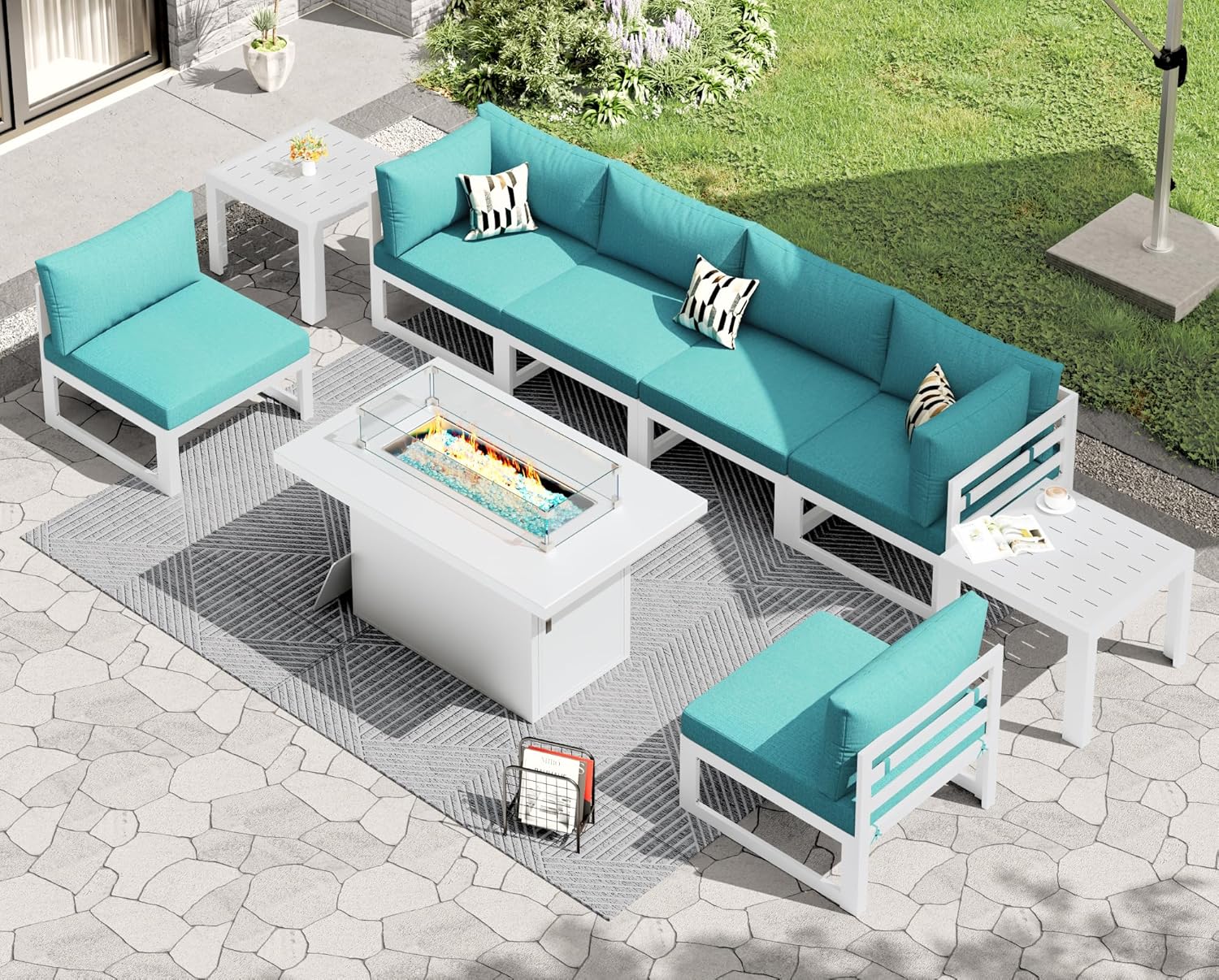 RADIATA 7 Piece Luxury Aluminum Outdoor Sectional Sofa with Fire Pit Table, Oversized L Shaped Patio Furniture Set, 29 inch Deep Wide Seating, 500 lbs Heavy Duty Comfy Conversation Set for Yard, White