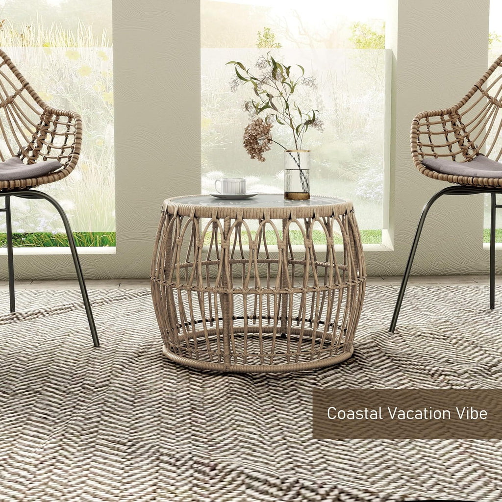 Furniture of America Ysar Boho Rattan Round Coffee Table Outdoor with 5mm Tempered Glass Top, All-Weather and Rust Resistant Patio Furniture