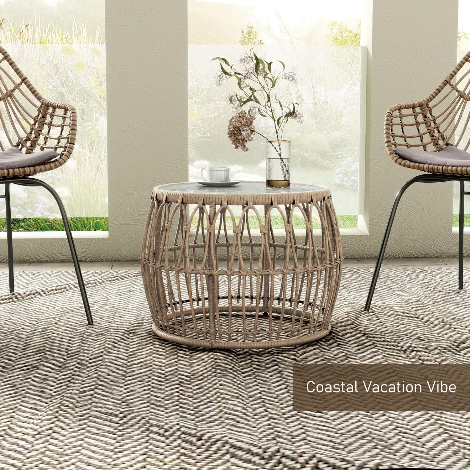 Furniture of America Ysar Boho Rattan Round Coffee Table Outdoor with 5mm Tempered Glass Top, All-Weather and Rust Resistant Patio Furniture