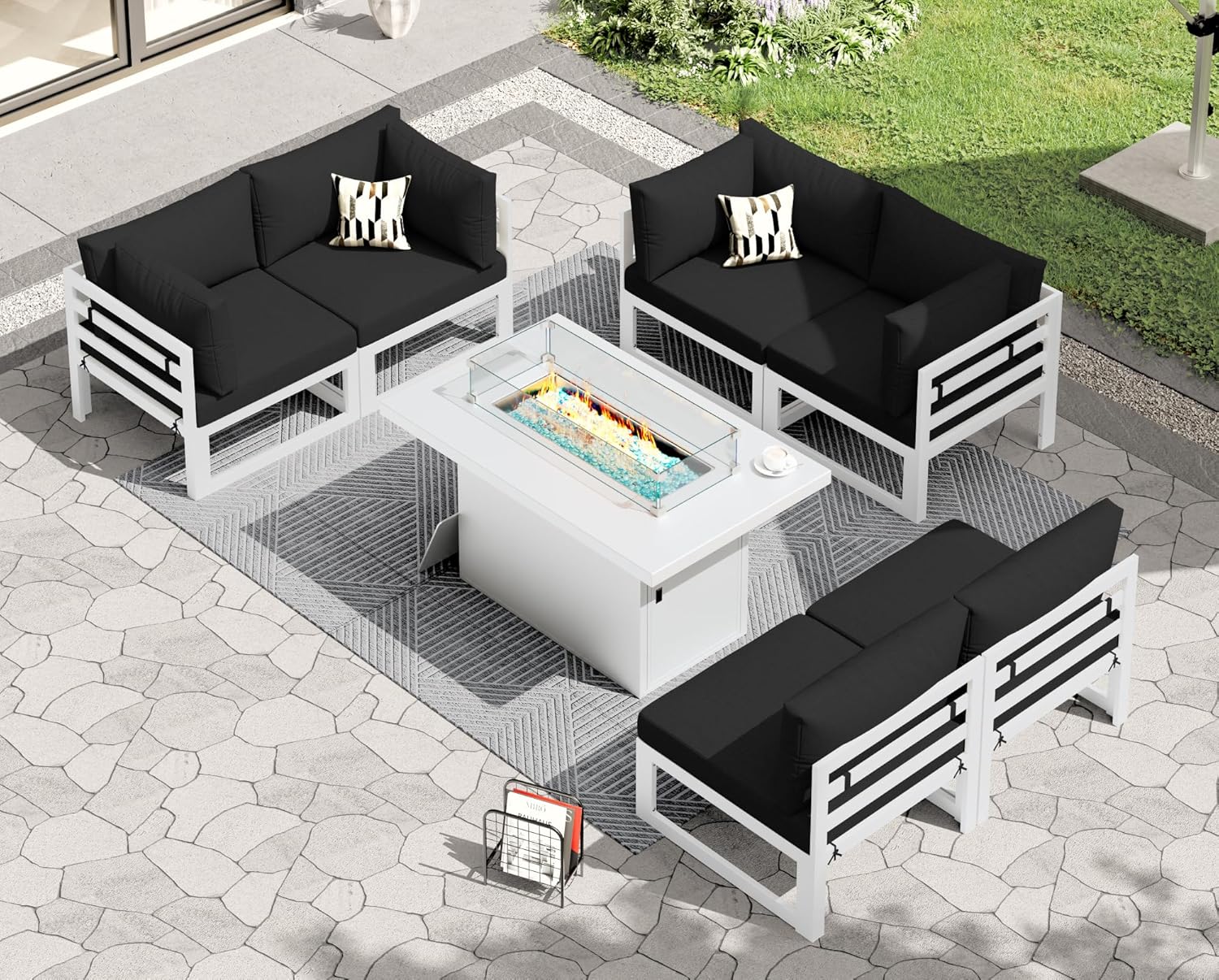 RADIATA 7 Piece Luxury Aluminum Outdoor Sectional Sofa with Fire Pit Table, Oversized L Shaped Patio Furniture Set, 29 inch Deep Wide Seating, 500 lbs Heavy Duty Comfy Conversation Set for Yard, White