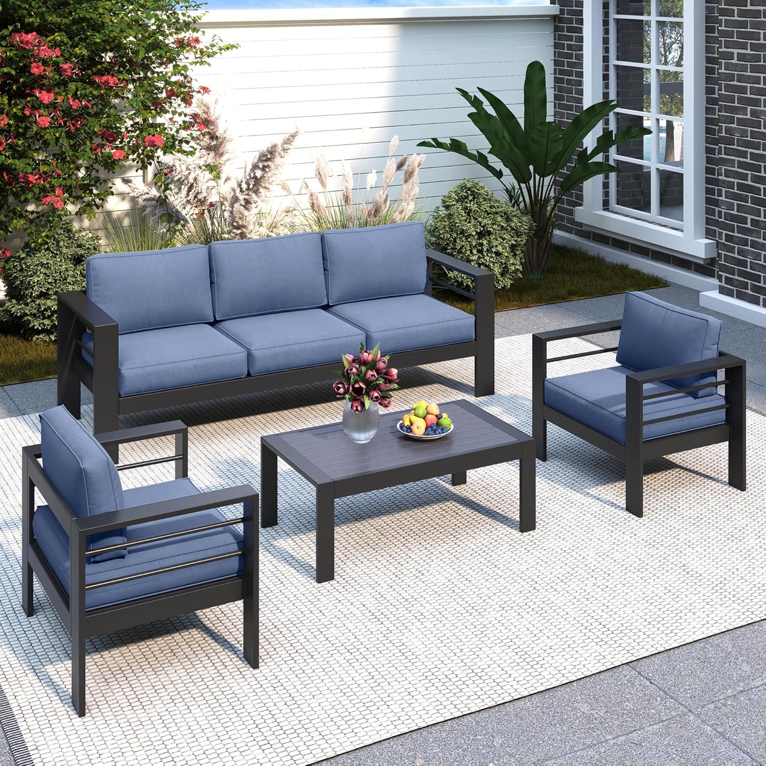Solaste Aluminum Patio Furniture Set, 5 Seats Modern Outdoor Conversation Set Sectional Sofa with Upgrade Cushion and Coffee Table,Black Frame and Blue Cushion