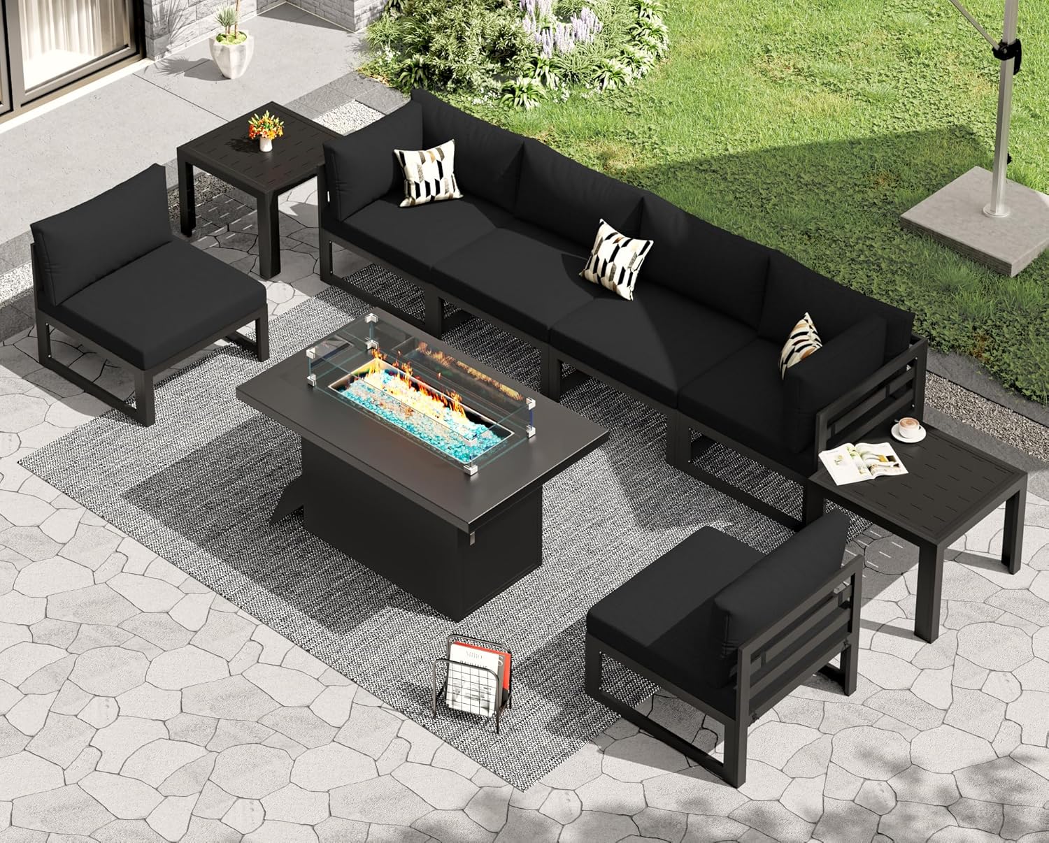 RADIATA 7 Piece Luxury Aluminum Outdoor Sectional Sofa with Fire Pit Table, Oversized L Shaped Patio Furniture Set, 29 inch Deep Wide Seating, 500 lbs Heavy Duty Comfy Conversation Set for Yard, White