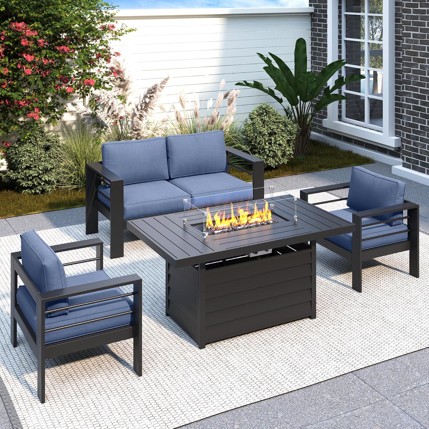 Solaste Aluminum Patio Furniture Set, 5 Seats Modern Outdoor Conversation Set Sectional Sofa with Upgrade Cushion and Coffee Table,Black Frame and Blue Cushion