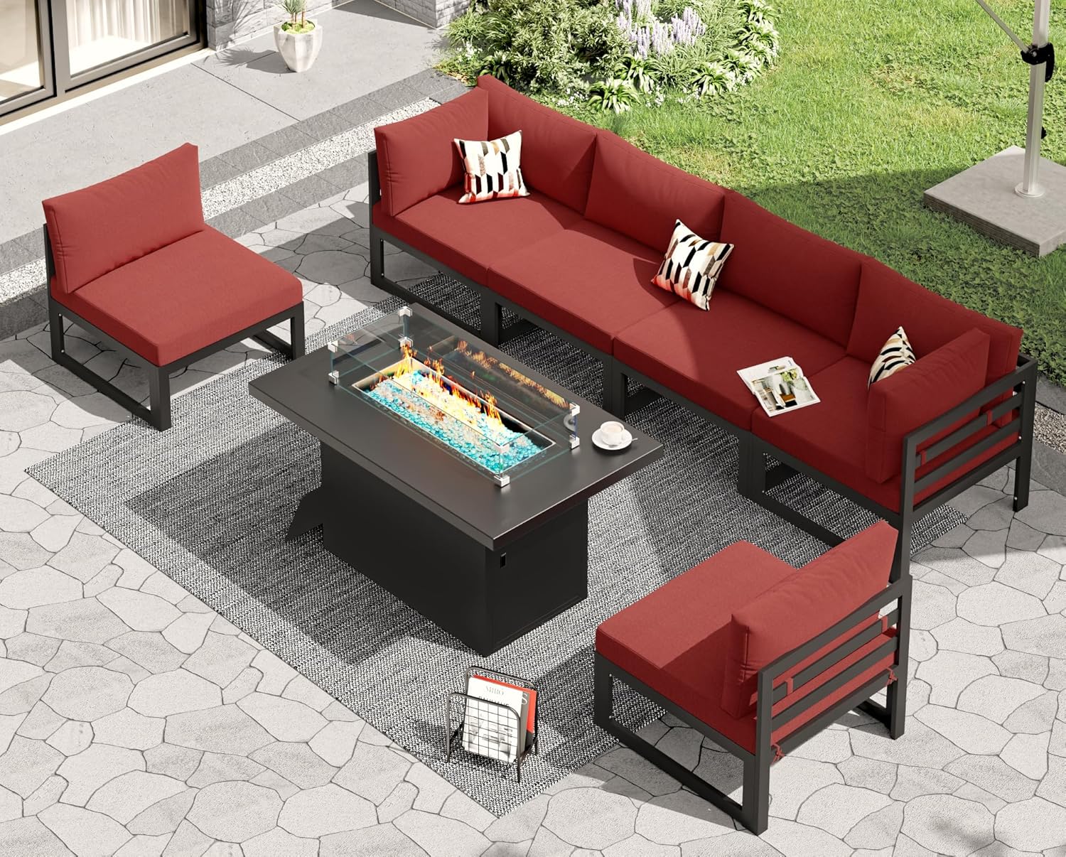 RADIATA 7 Piece Luxury Aluminum Outdoor Sectional Sofa with Fire Pit Table, Oversized L Shaped Patio Furniture Set, 29 inch Deep Wide Seating, 500 lbs Heavy Duty Comfy Conversation Set for Yard, White