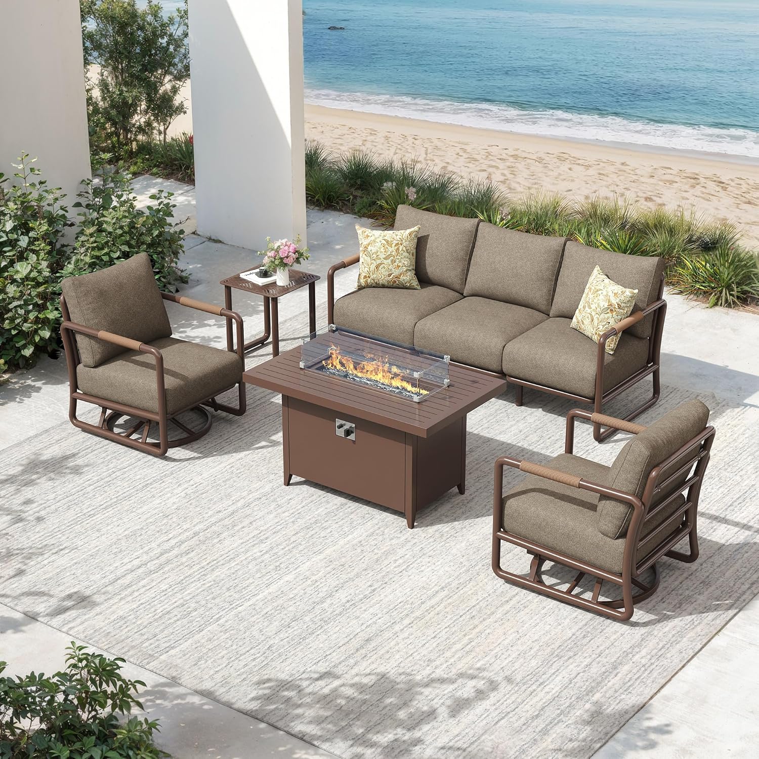 Aluminum Outdoor Patio Furniture Set, 6-Piece Conversation Sofa Set with Coffee Table, Thick Cushions & All-Weather Aluminum Frame, Modern Garden Seating for Backyard, Poolside, or Porch – Brown