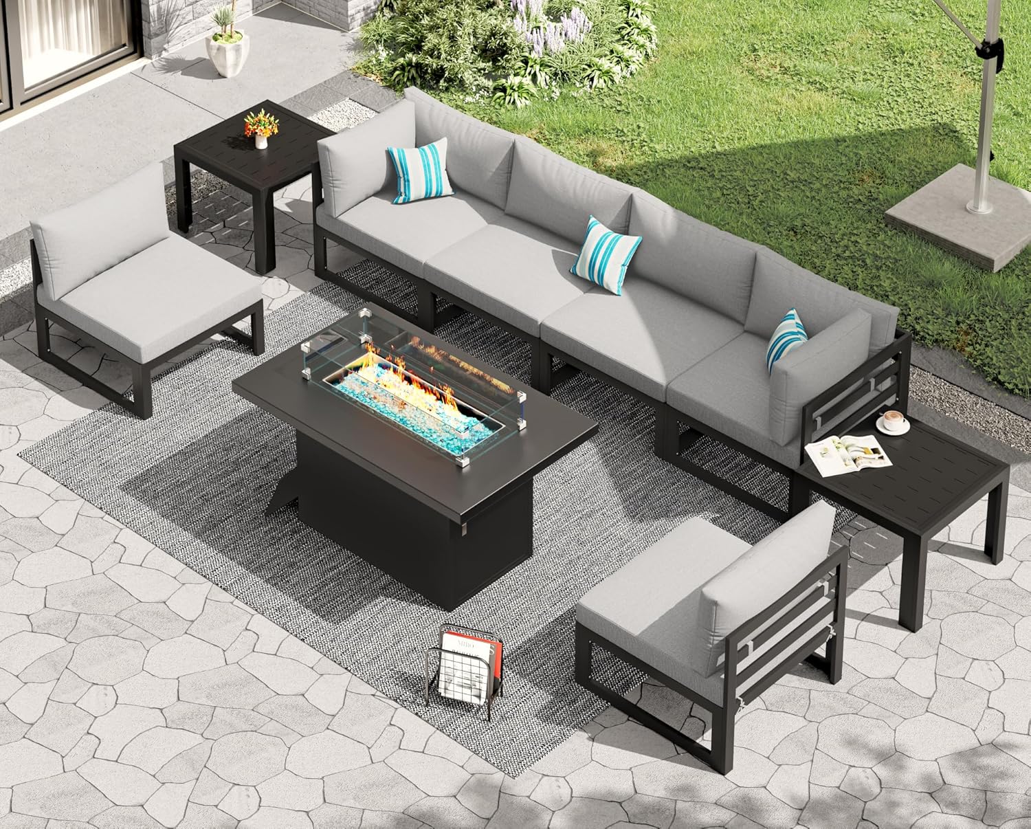 RADIATA 7 Piece Luxury Aluminum Outdoor Sectional Sofa with Fire Pit Table, Oversized L Shaped Patio Furniture Set, 29 inch Deep Wide Seating, 500 lbs Heavy Duty Comfy Conversation Set for Yard, White