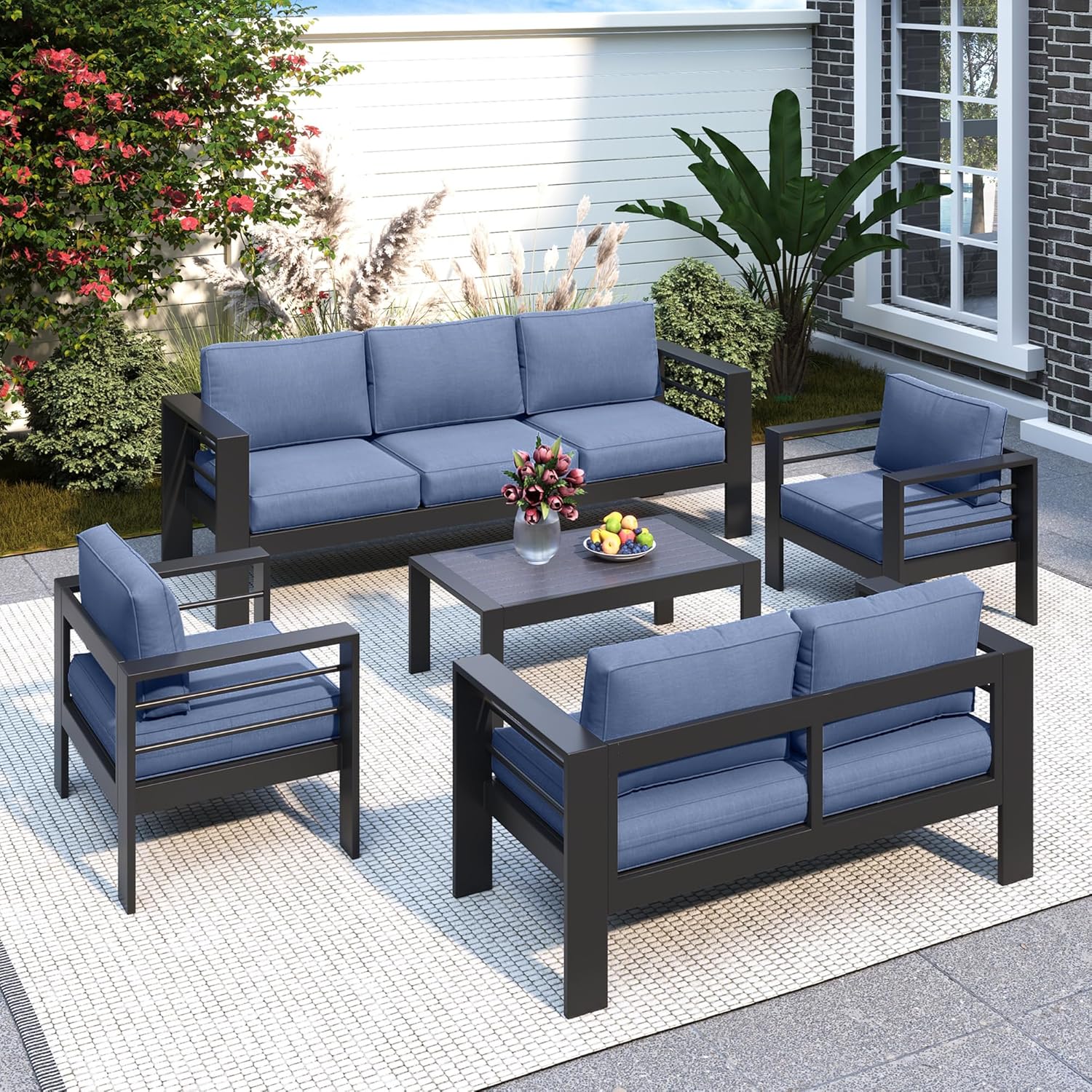 Solaste Aluminum Patio Furniture Set, 5 Seats Modern Outdoor Conversation Set Sectional Sofa with Upgrade Cushion and Coffee Table,Black Frame and Grey Cushion