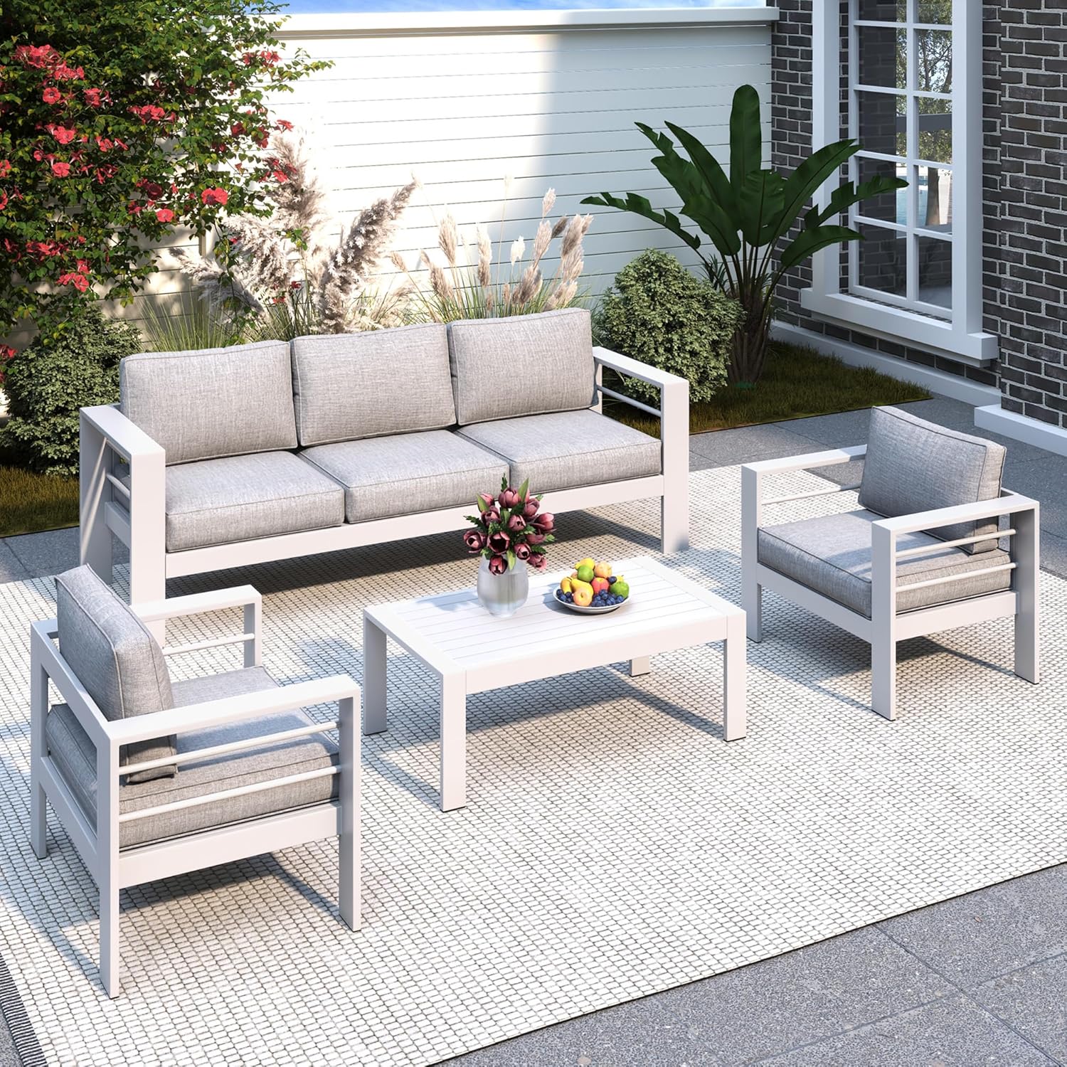 Solaste Aluminum Patio Furniture Set, 5 Seats Modern Outdoor Conversation Set Sectional Sofa with Upgrade Cushion and Coffee Table,Black Frame and Grey Cushion
