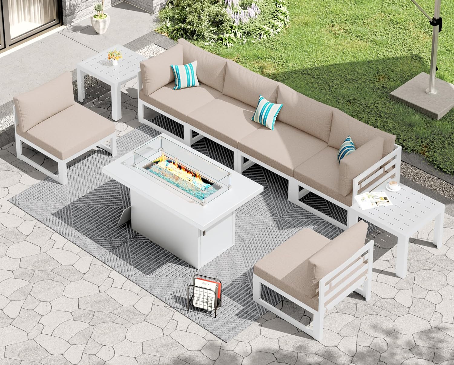 RADIATA 7 Piece Luxury Aluminum Outdoor Sectional Sofa with Fire Pit Table, Oversized L Shaped Patio Furniture Set, 29 inch Deep Wide Seating, 500 lbs Heavy Duty Comfy Conversation Set for Yard, White