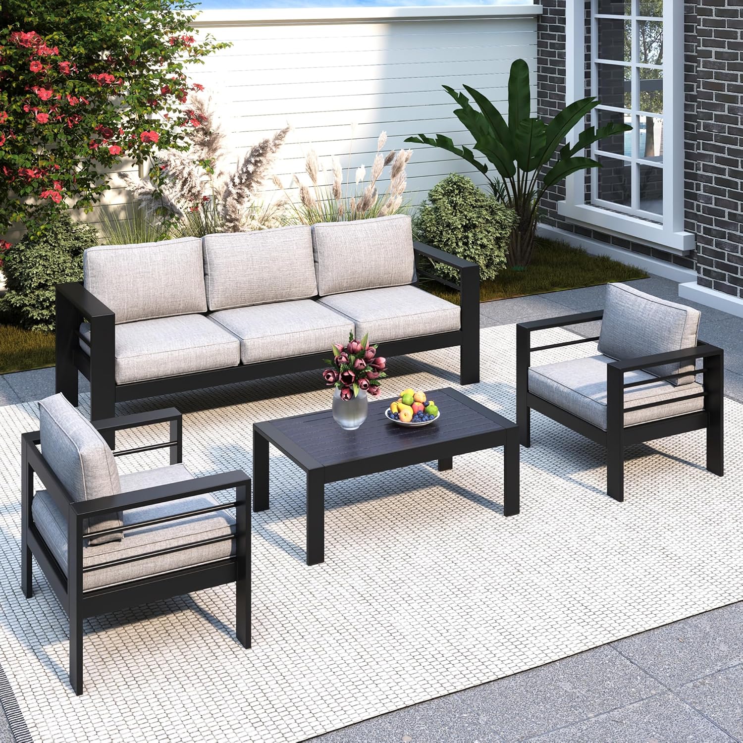 Solaste Aluminum Patio Furniture Set, 5 Seats Modern Outdoor Conversation Set Sectional Sofa with Upgrade Cushion and Coffee Table,Black Frame and Grey Cushion