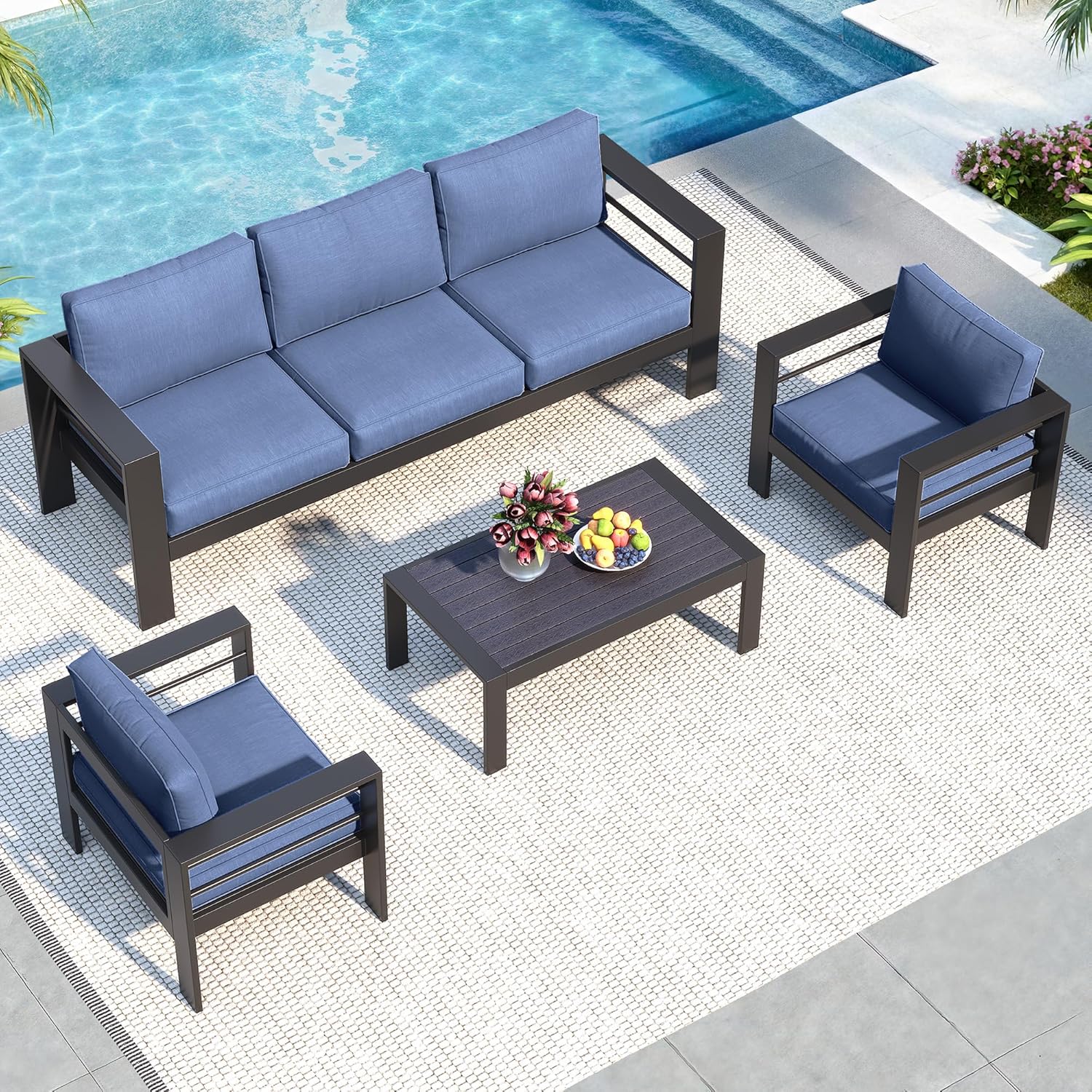 Solaste Aluminum Patio Furniture Set, 5 Seats Modern Outdoor Conversation Set Sectional Sofa with Upgrade Cushion and Coffee Table,Black Frame and Grey Cushion
