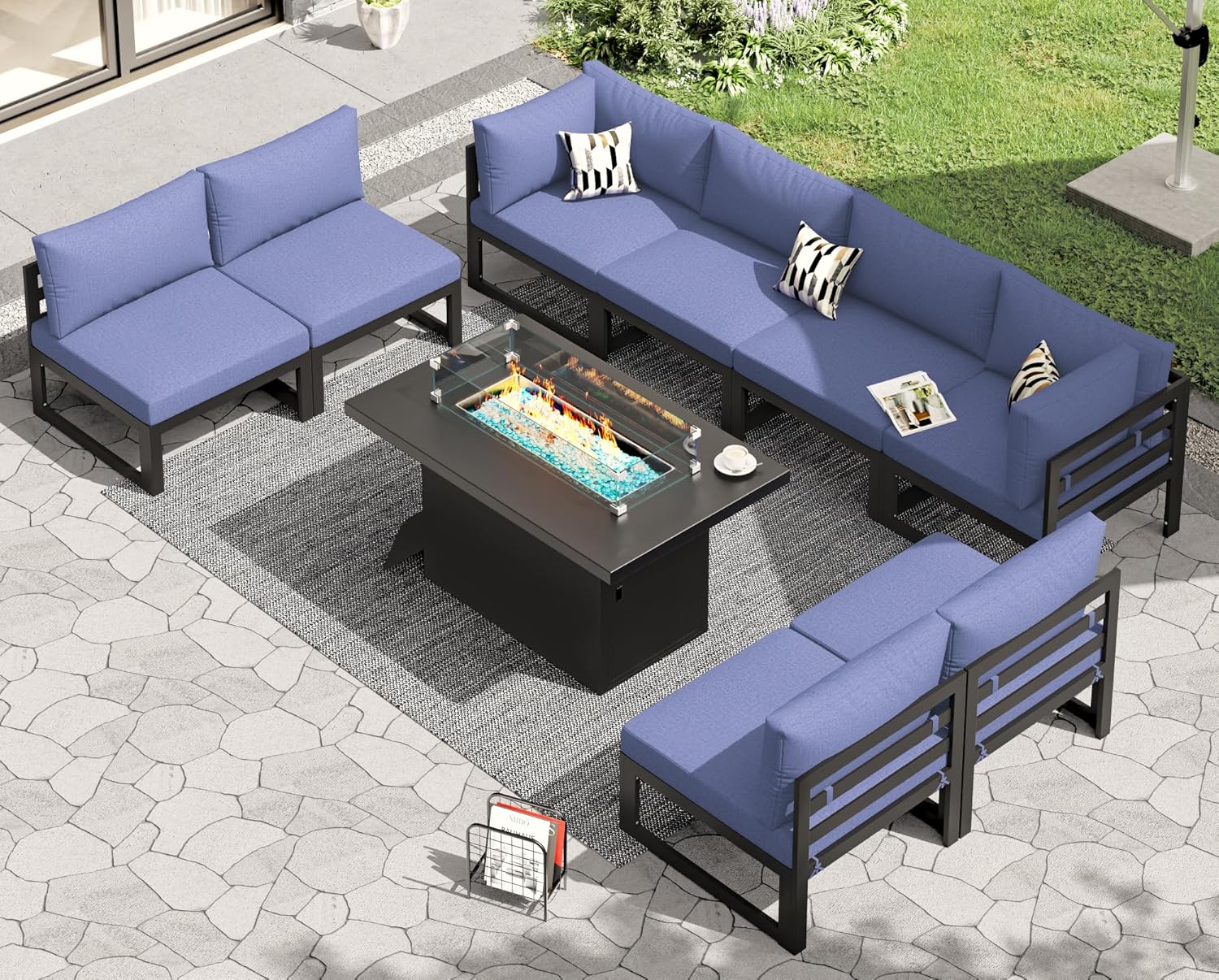 RADIATA 7 Piece Luxury Aluminum Outdoor Sectional Sofa with Fire Pit Table, Oversized L Shaped Patio Furniture Set, 29 inch Deep Wide Seating, 500 lbs Heavy Duty Comfy Conversation Set for Yard, White