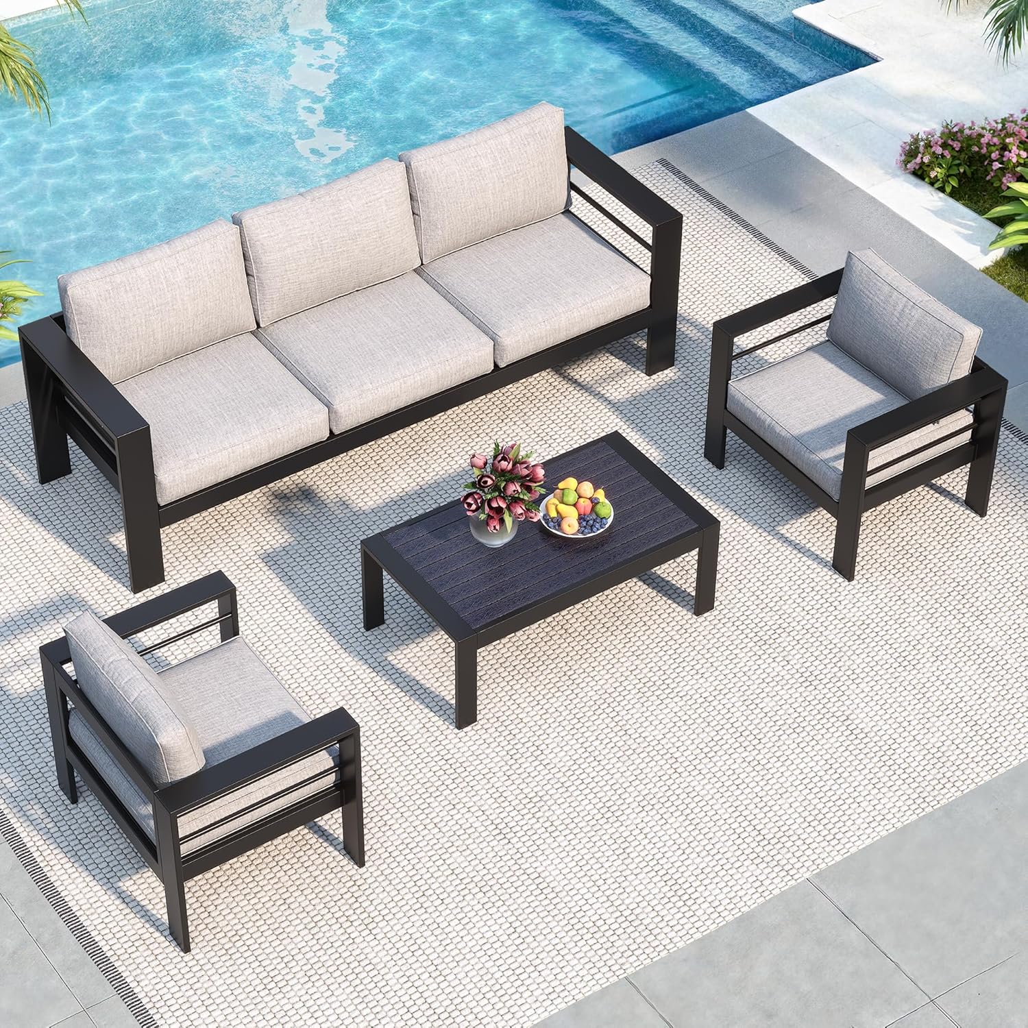 Solaste Aluminum Patio Furniture Set, 5 Seats Modern Outdoor Conversation Set Sectional Sofa with Upgrade Cushion and Coffee Table,Black Frame and Grey Cushion